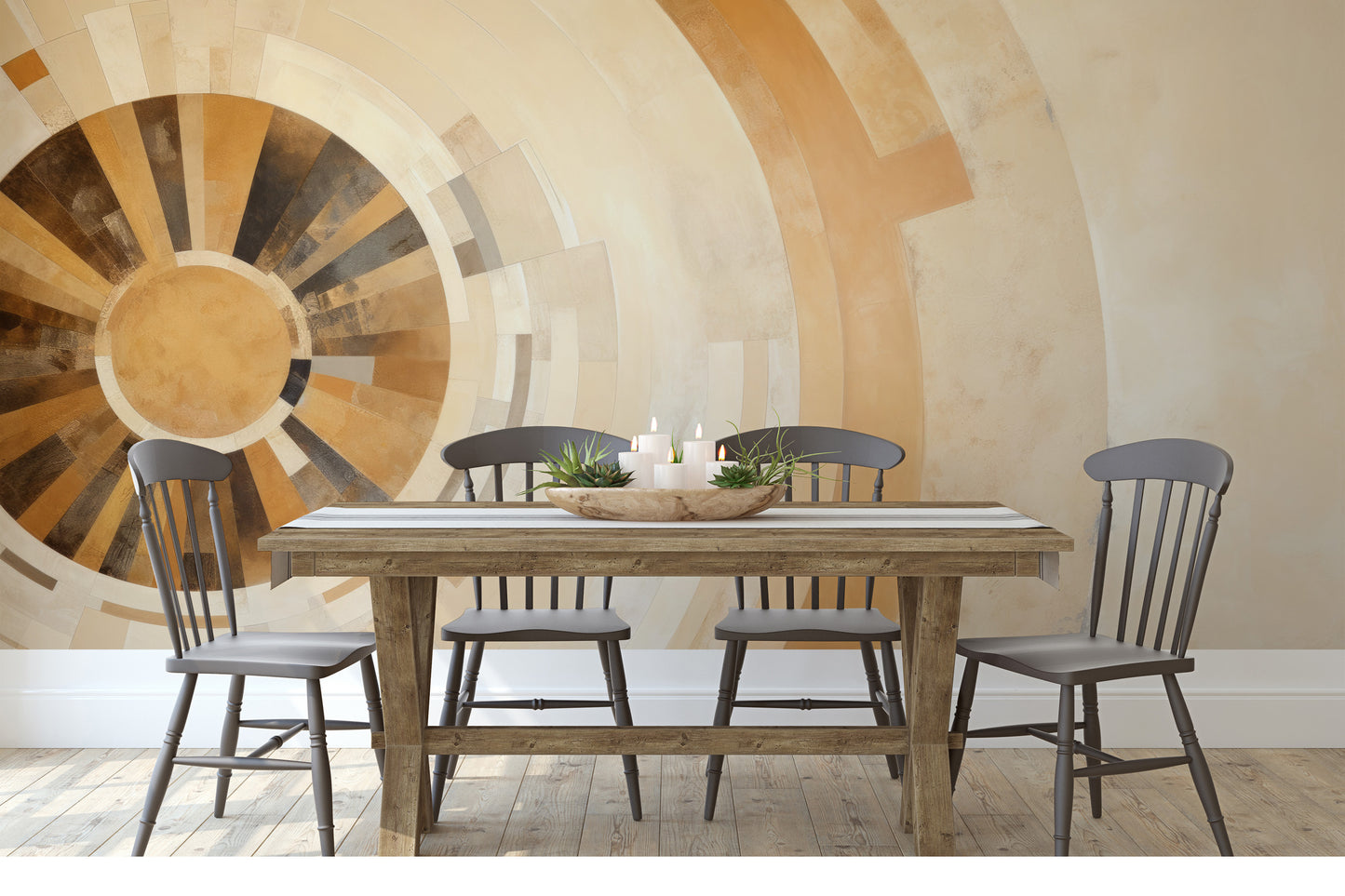 Wzór fototapety o nazwie SOLAR GLORY RAYS pokazanej w kontekście pomieszczenia.