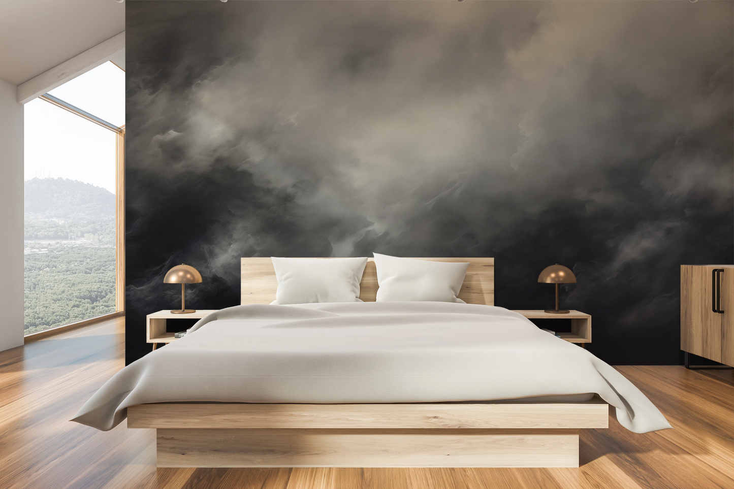 Wzór fototapety malowanej o nazwie Silver Storm pokazanej w aranżacji wnętrza.