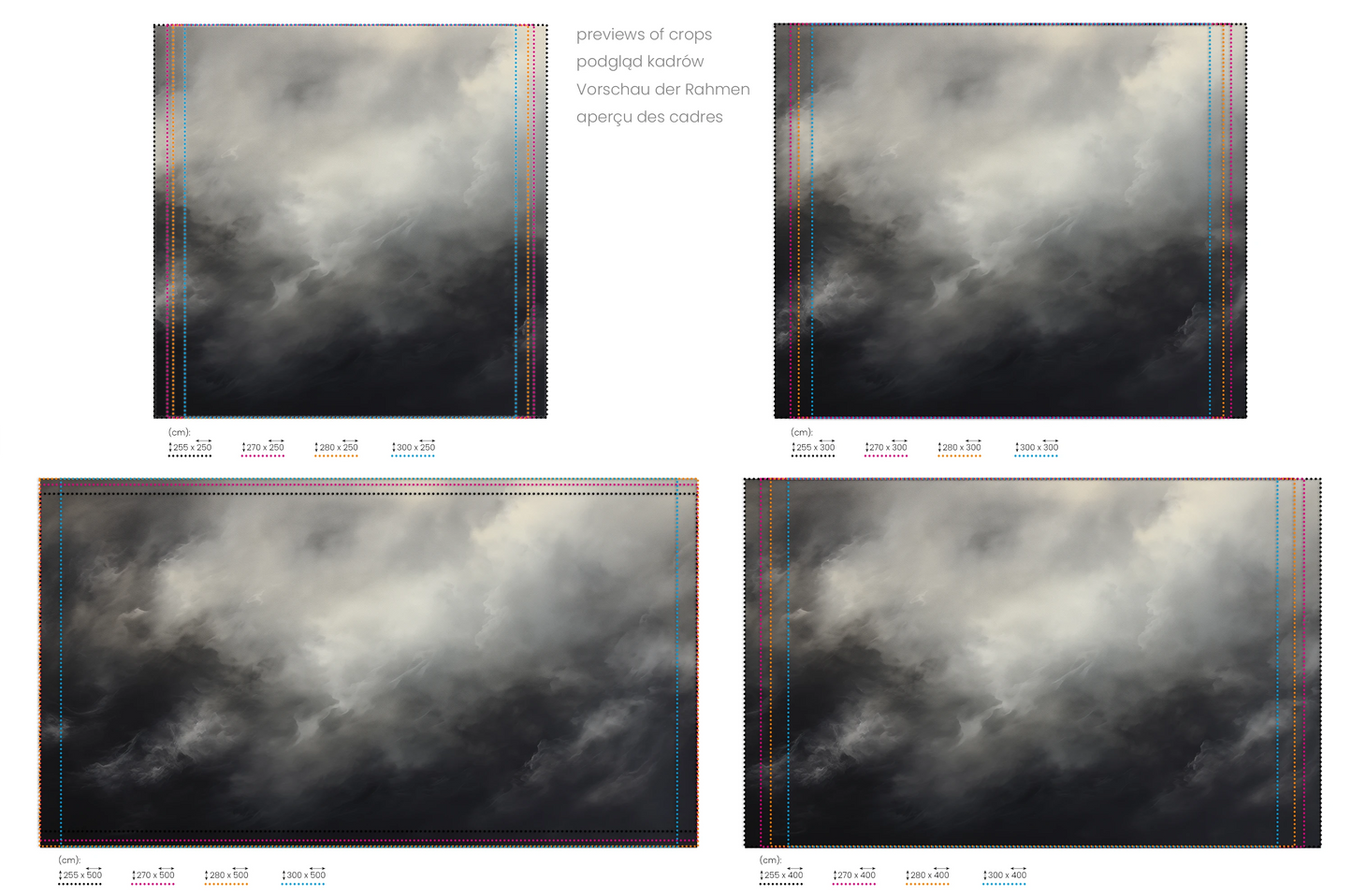 Na obrazie znajduje się prezentacja przykładowych rozmiarów fototapety o nazwie Silver Storm. Rozmiar fototapety jest dowolny.
