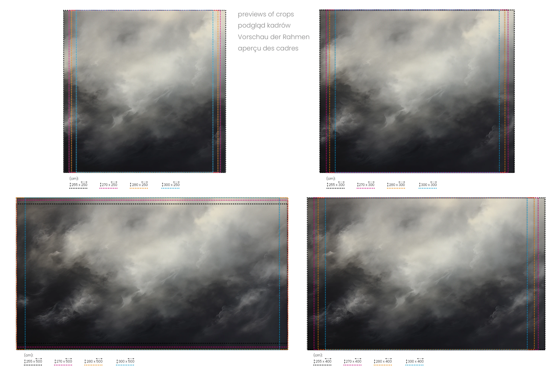 Na obrazie znajduje się prezentacja przykładowych rozmiarów fototapety o nazwie Silver Storm. Rozmiar fototapety jest dowolny.