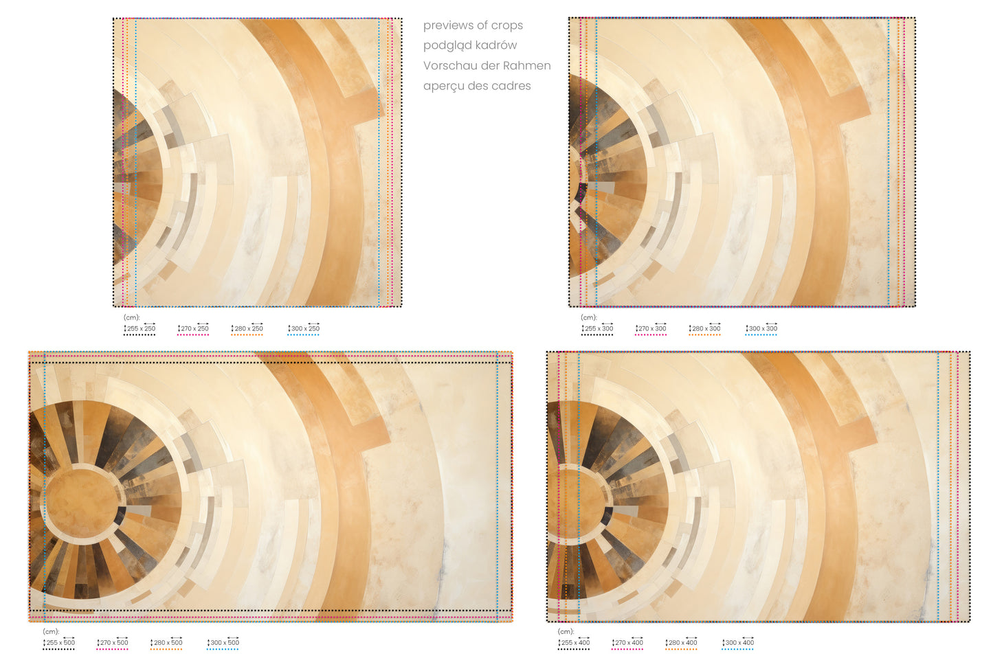 Na obrazie znajduje się prezentacja przykładowych rozmiarów fototapety o nazwie SOLAR GLORY RAYS. Rozmiar fototapety jest dowolny.