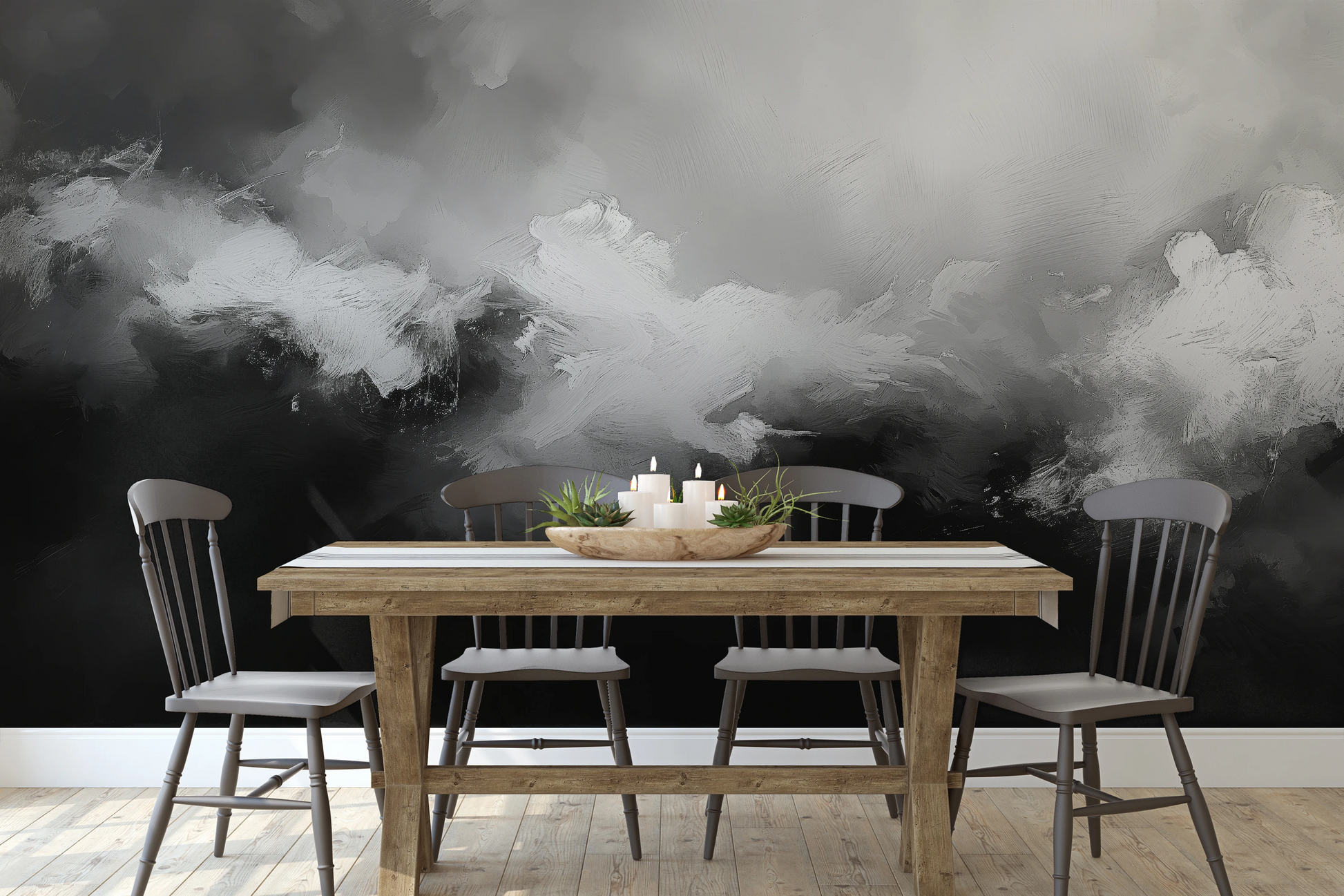 Wzór fototapety malowanej o nazwie Ethereal Forms pokazanej w aranżacji wnętrza.