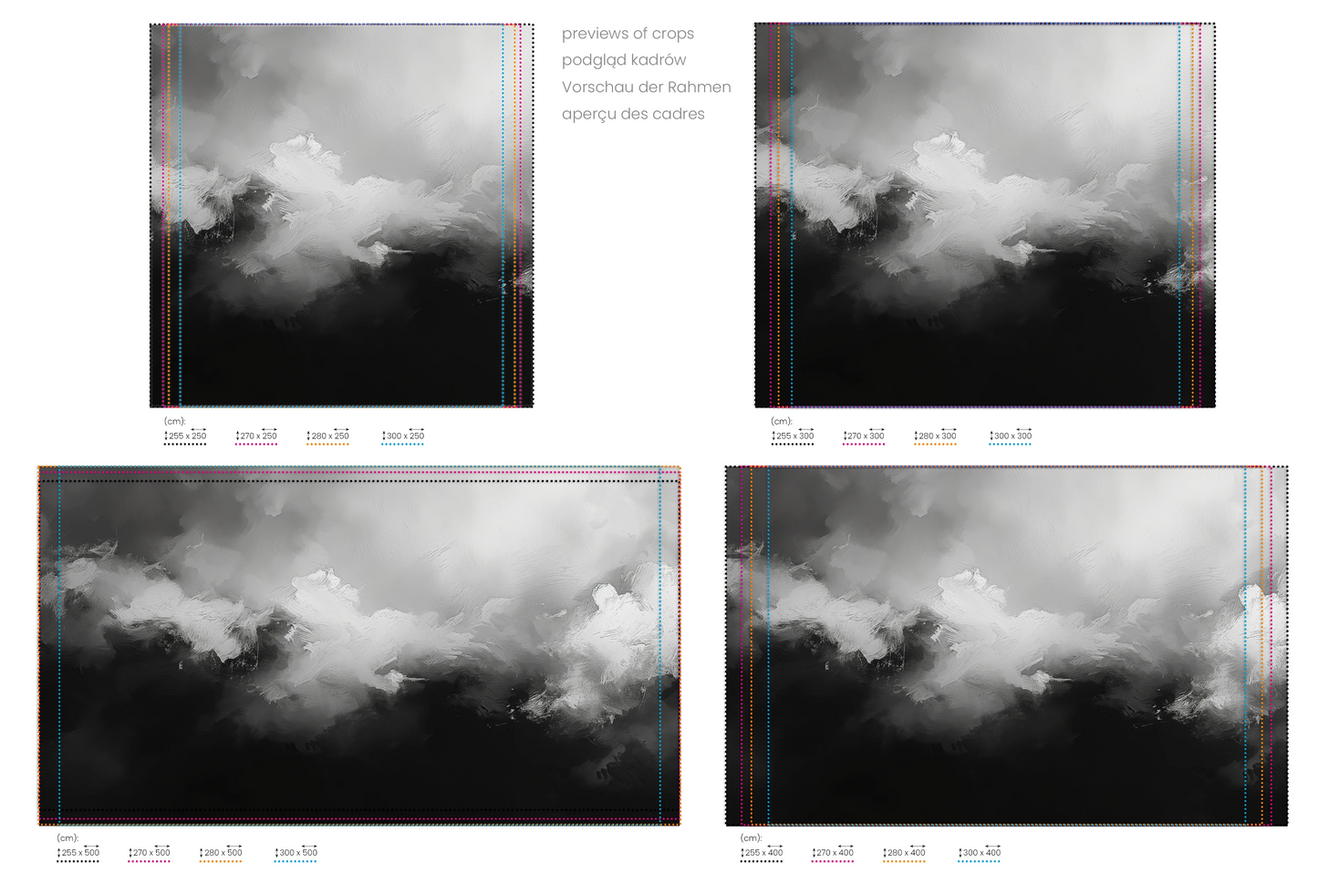 Na obrazie znajduje się prezentacja przykładowych rozmiarów fototapety o nazwie Ethereal Forms. Rozmiar fototapety jest dowolny.