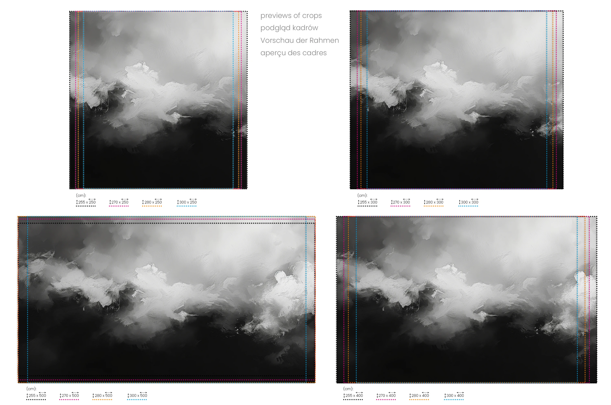 Na obrazie znajduje się prezentacja przykładowych rozmiarów fototapety o nazwie Ethereal Forms. Rozmiar fototapety jest dowolny.