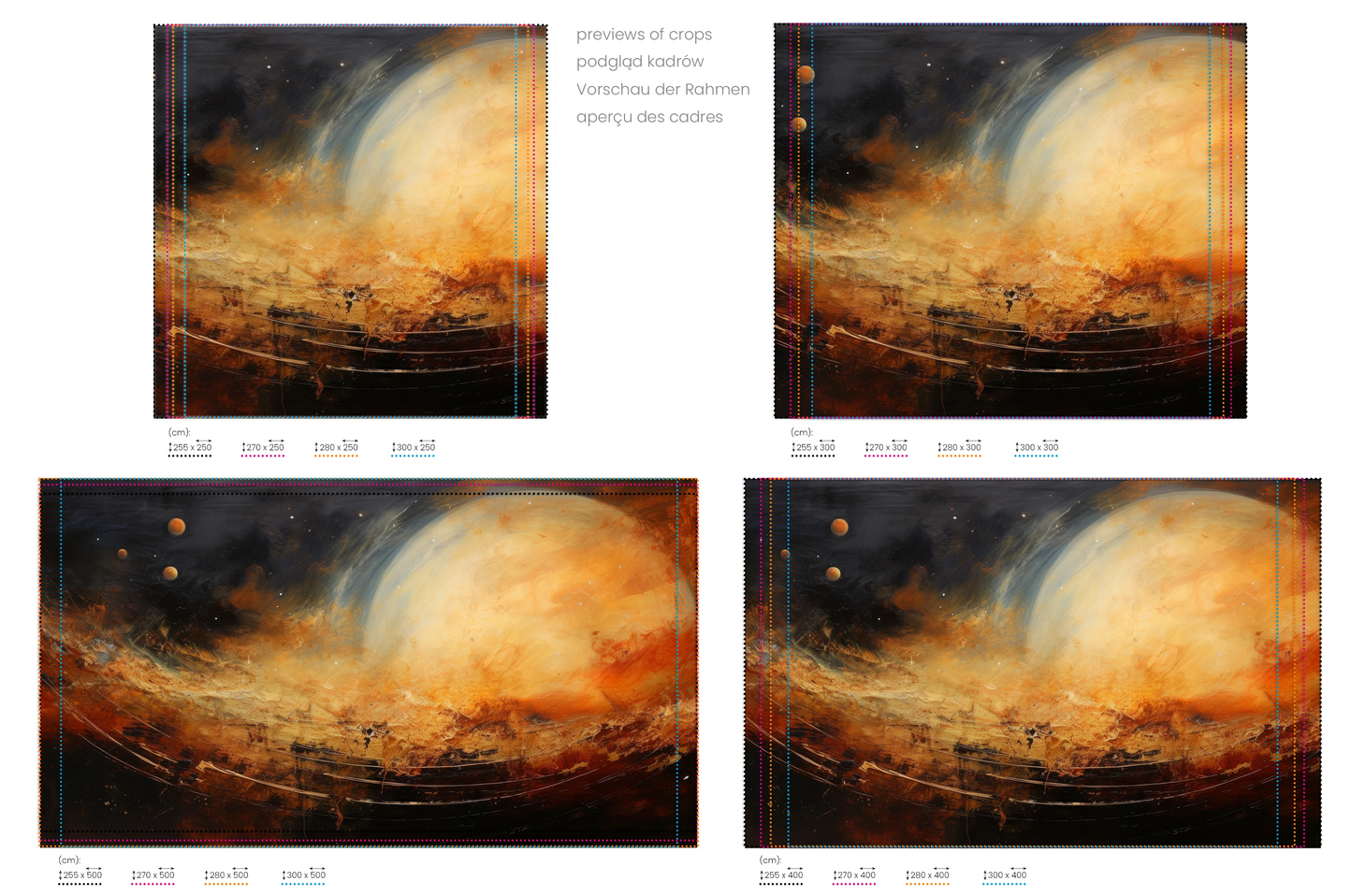 Na obrazie znajduje się prezentacja przykładowych rozmiarów fototapety o nazwie Moonlit Glory. Rozmiar fototapety jest dowolny.