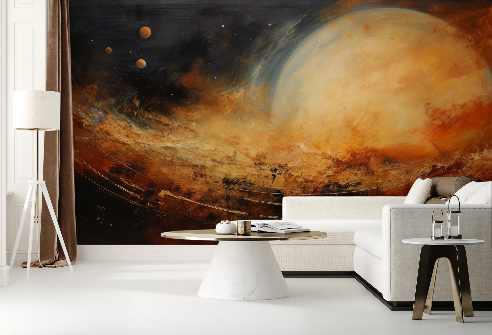 Zdjęcie prezentuje aranżację wnętrza z użyciem fototapety o nazwie Moonlit Glory pokazanej w aranżacji wnętrza.