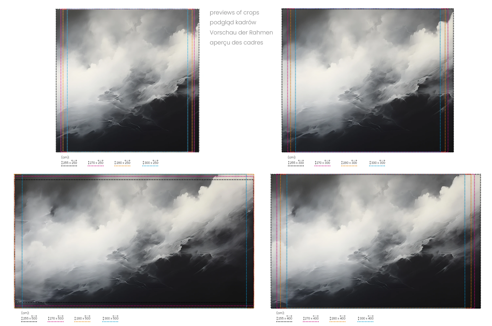 Na obrazie znajduje się prezentacja przykładowych rozmiarów fototapety o nazwie Shadowplay. Rozmiar fototapety jest dowolny.