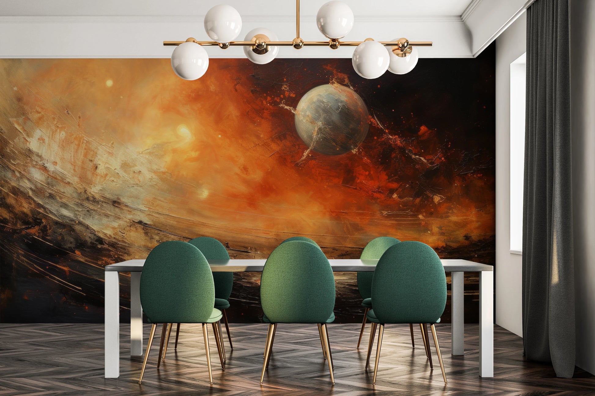 Fototapeta artystyczna o nazwie Celestial Journey pokazana w aranżacji wnętrza.
