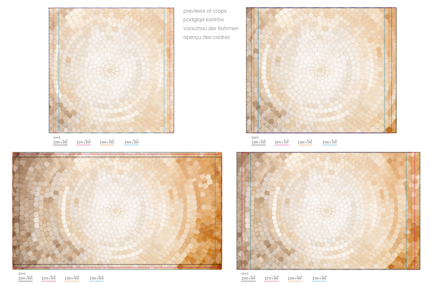 Na obrazie znajduje się prezentacja przykładowych rozmiarów fototapety o nazwie HONEY SPARKLE. Rozmiar fototapety jest dowolny.