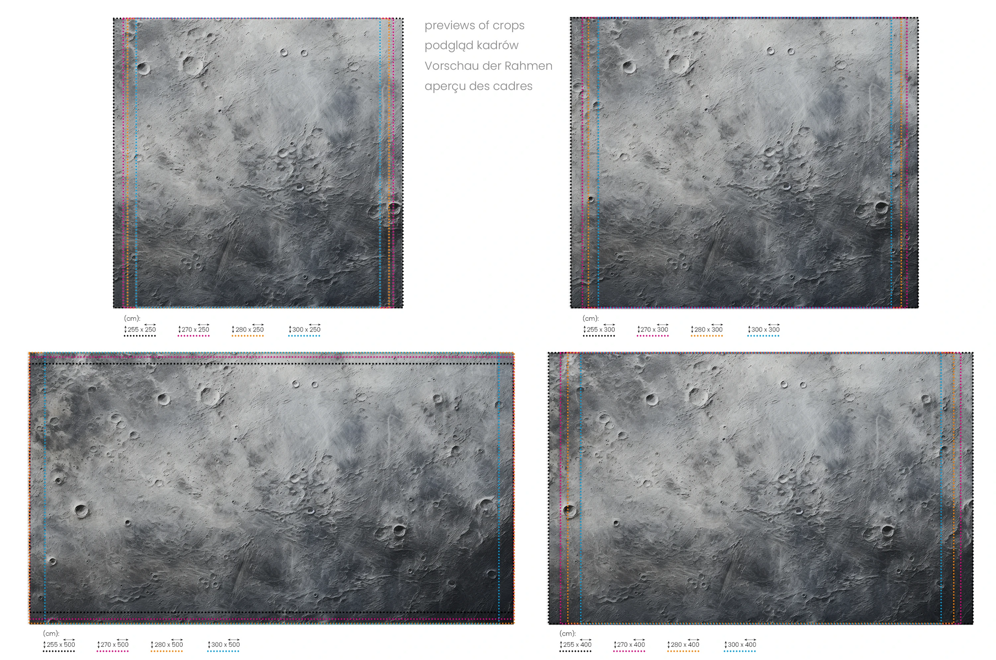 Na obrazie znajduje się prezentacja przykładowych rozmiarów fototapety o nazwie Cratered Terrain. Rozmiar fototapety jest dowolny.