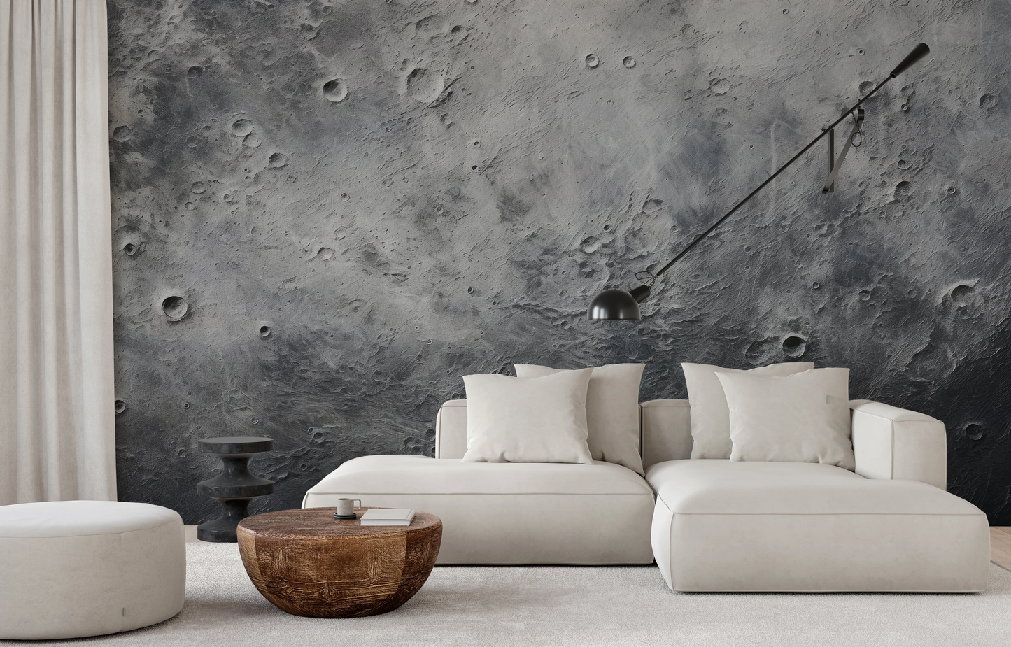 Wzór fototapety malowanej o nazwie Cratered Terrain pokazanej w aranżacji wnętrza.