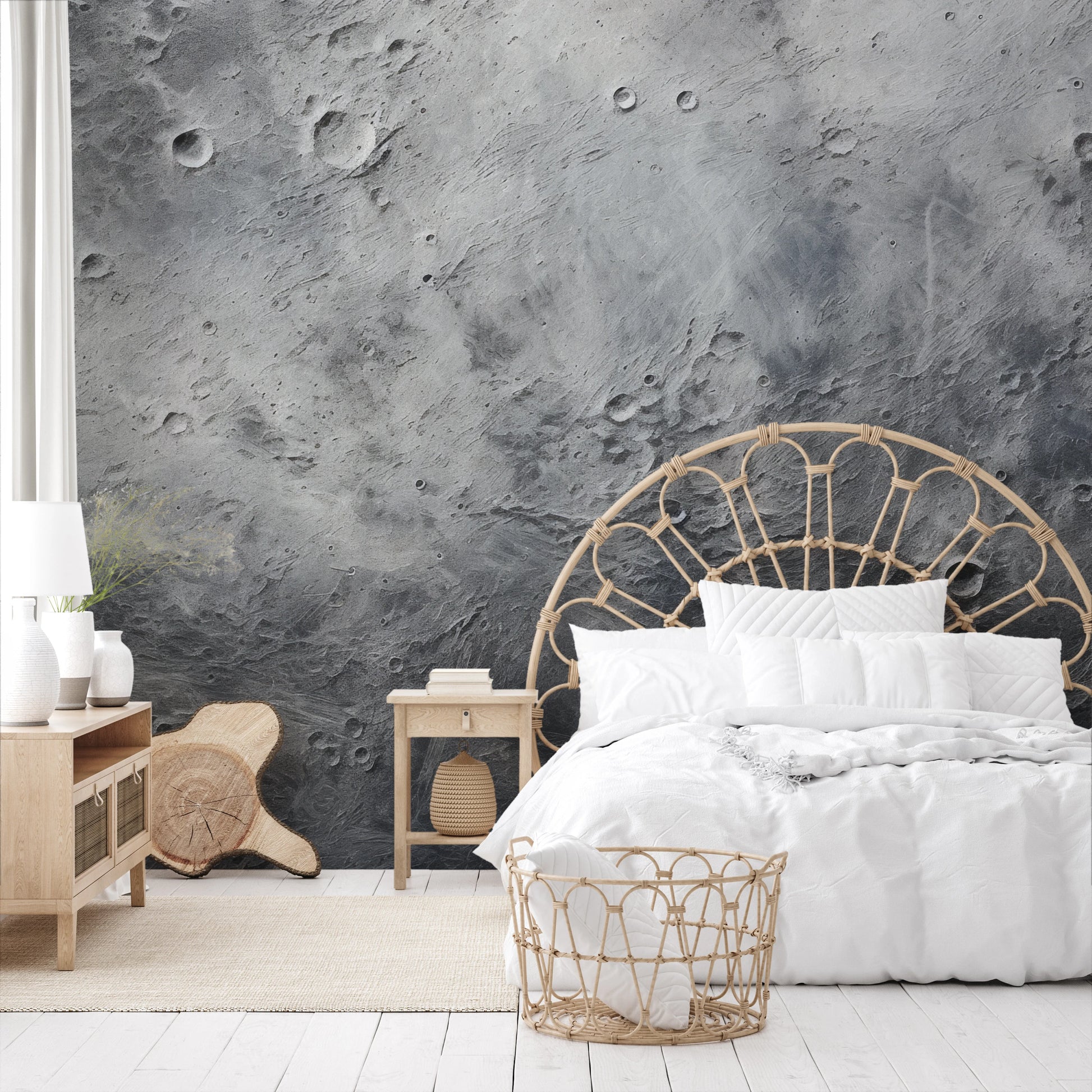 Wzór fototapety artystycznej o nazwie Cratered Terrain pokazanej w aranżacji wnętrza.