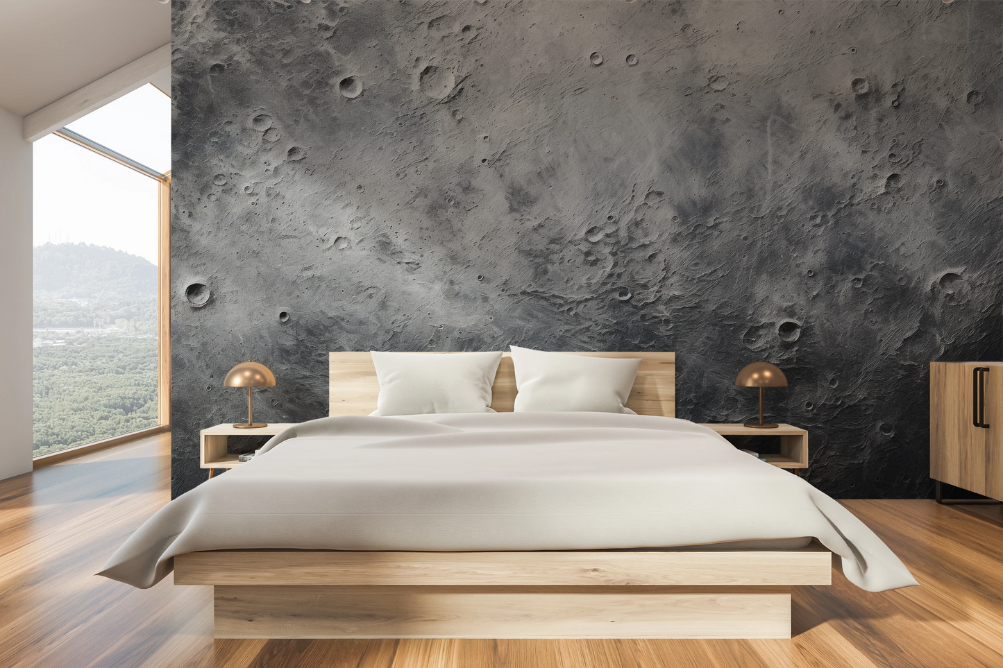 Zdjęcie prezentuje aranżację wnętrza z użyciem fototapety o nazwie Cratered Terrain pokazanej w aranżacji wnętrza.