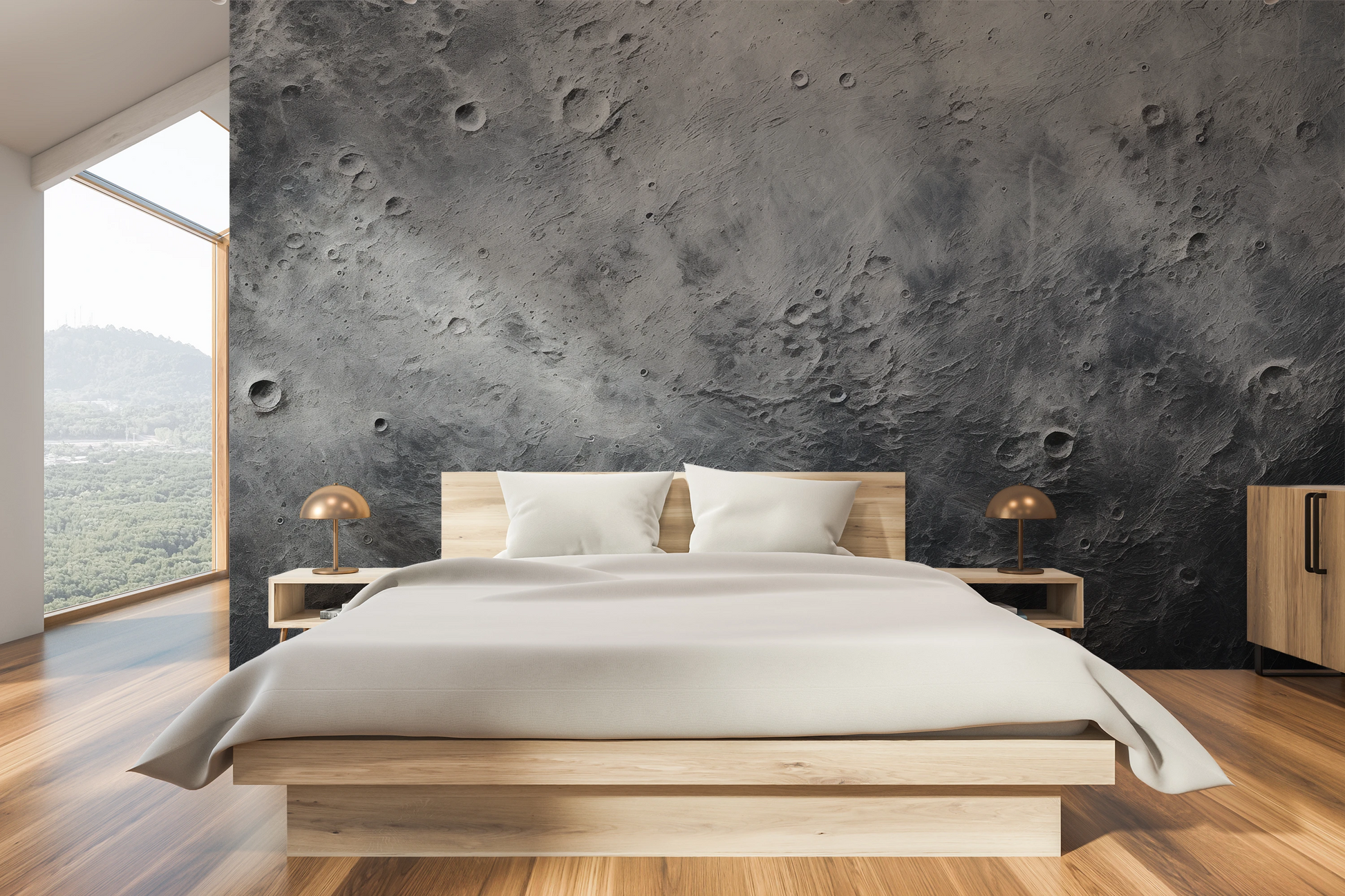 Zdjęcie prezentuje aranżację wnętrza z użyciem fototapety o nazwie Cratered Terrain pokazanej w aranżacji wnętrza.