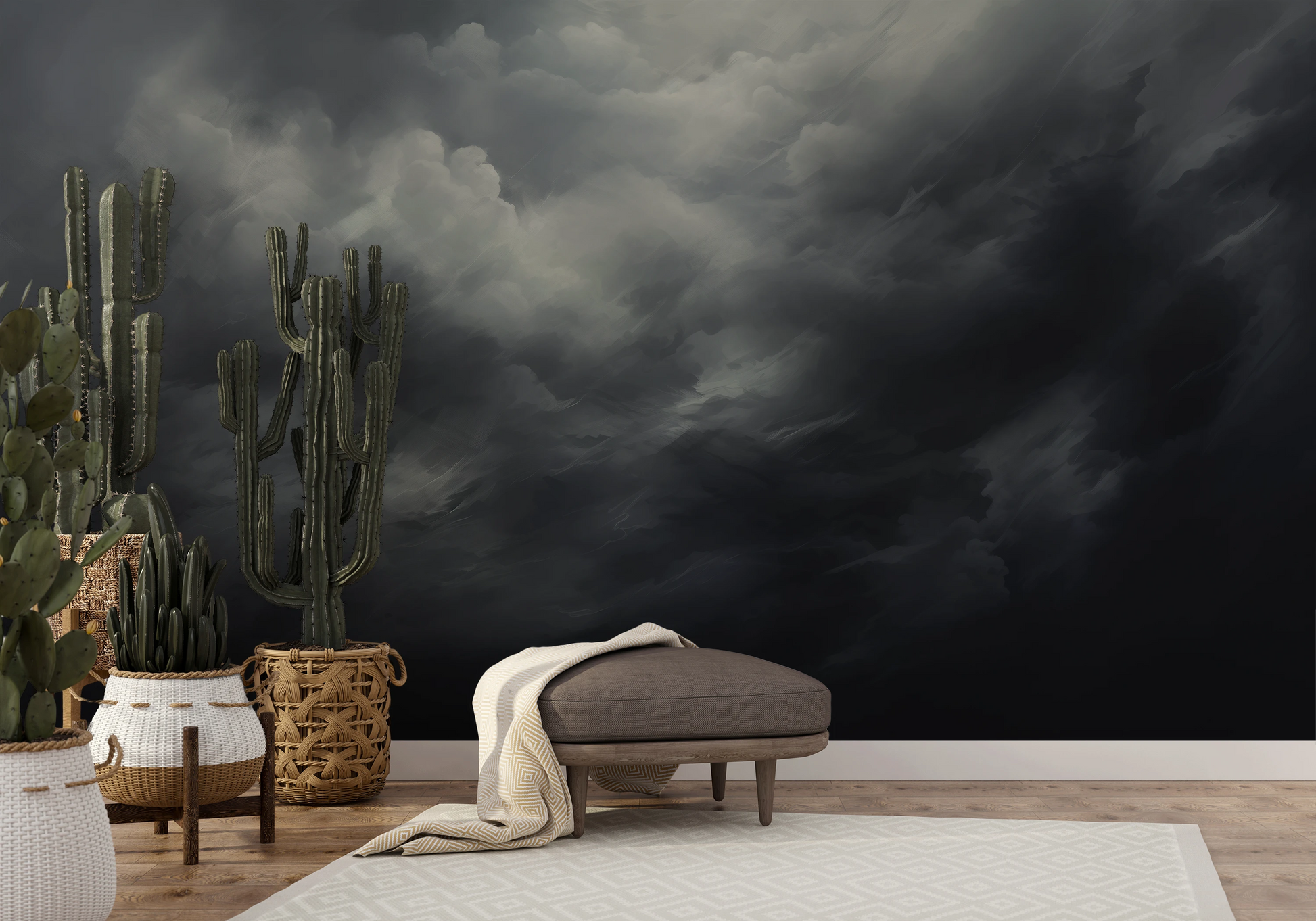 Wzór fototapety artystycznej o nazwie Serene Monochrome pokazanej w aranżacji wnętrza.