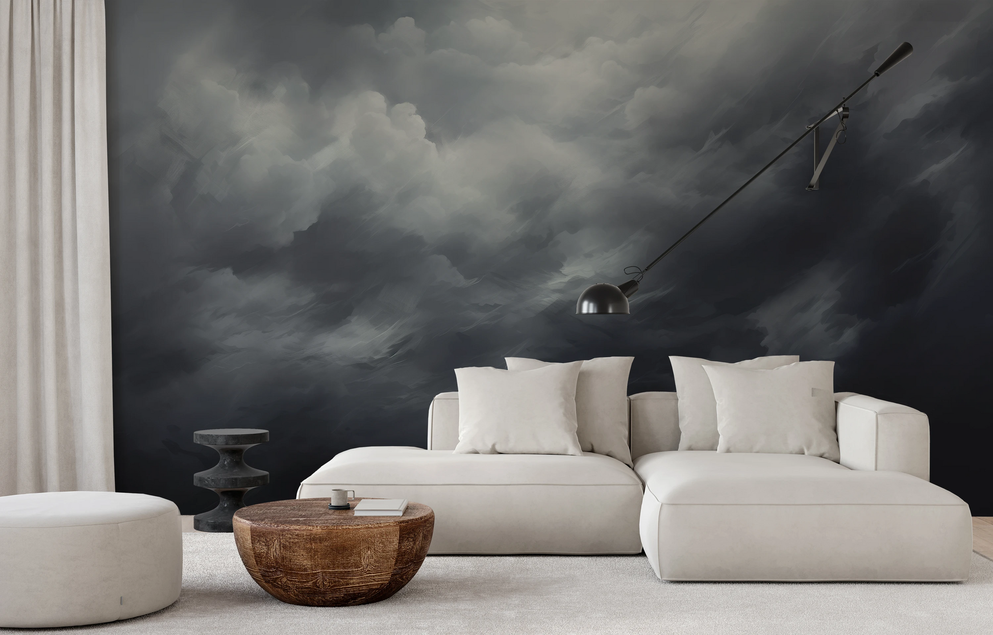 Zdjęcie prezentuje aranżację wnętrza z użyciem fototapety o nazwie Serene Monochrome pokazanej w aranżacji wnętrza.