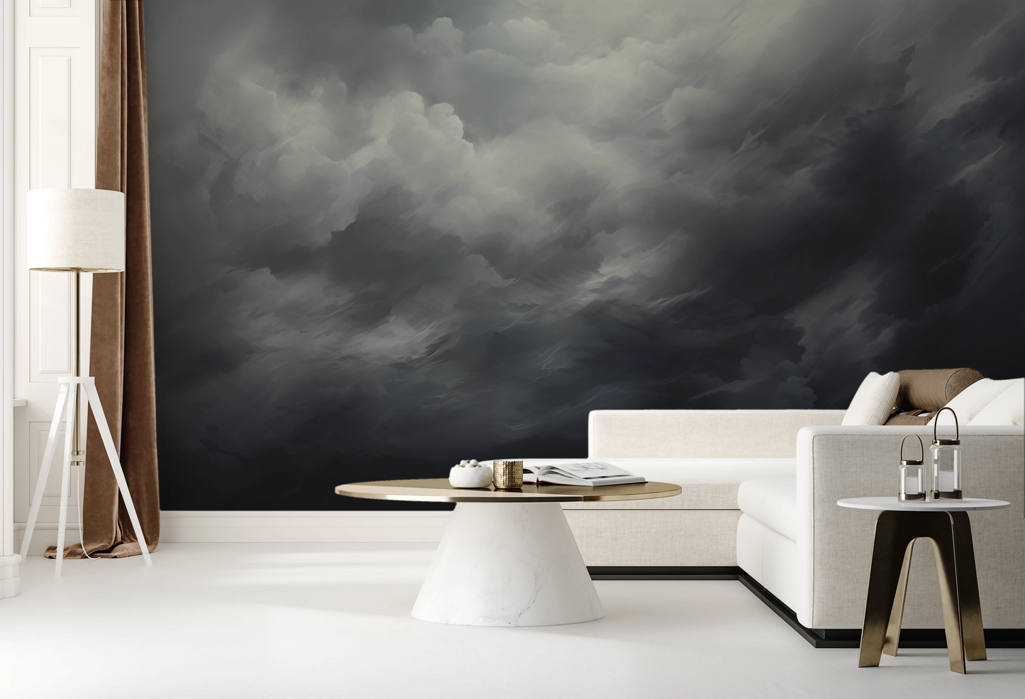 Wzór fototapety o nazwie Serene Monochrome pokazanej w kontekście pomieszczenia.