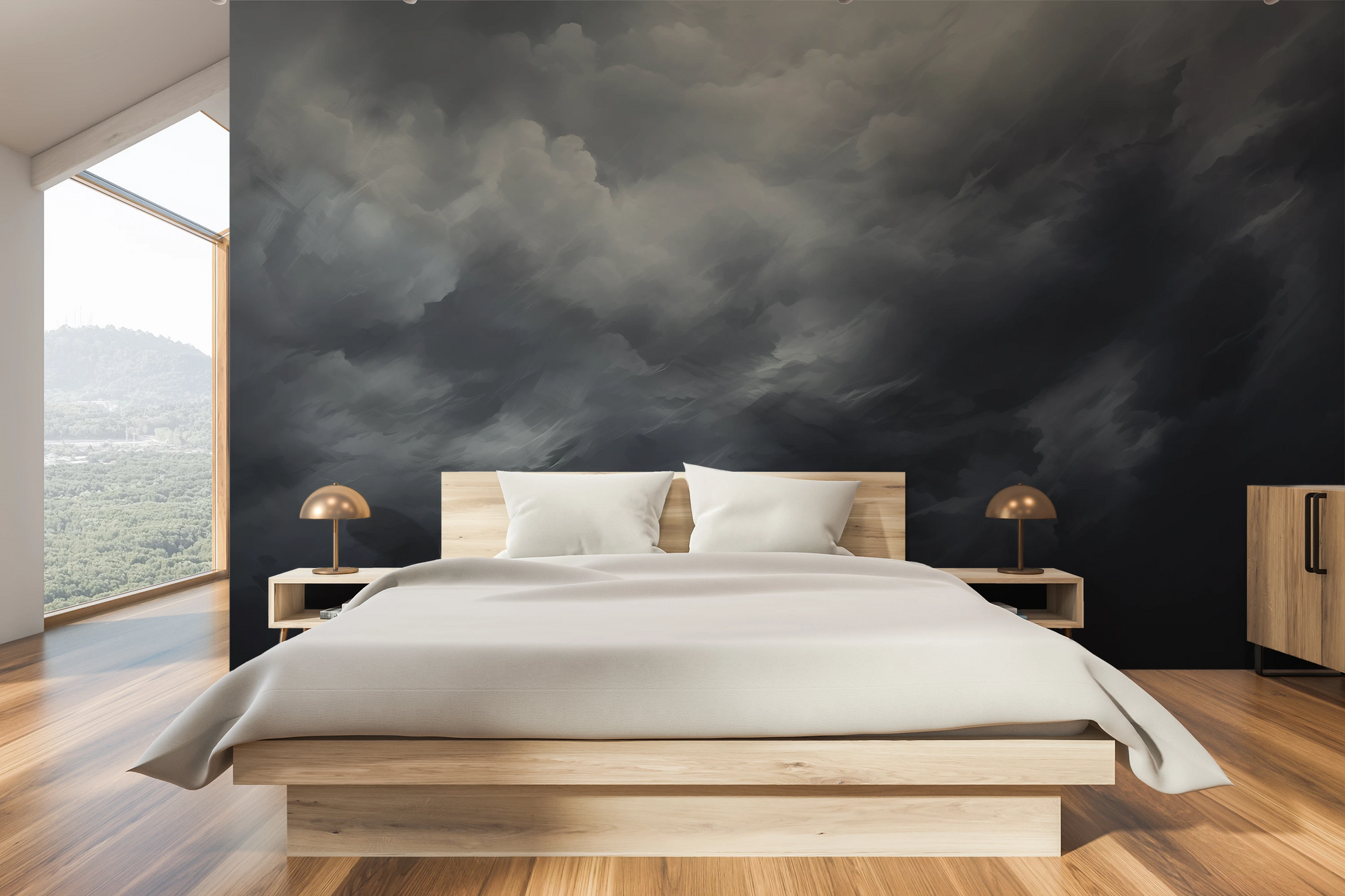 Wzór fototapety artystycznej o nazwie Serene Monochrome pokazanej w aranżacji wnętrza.