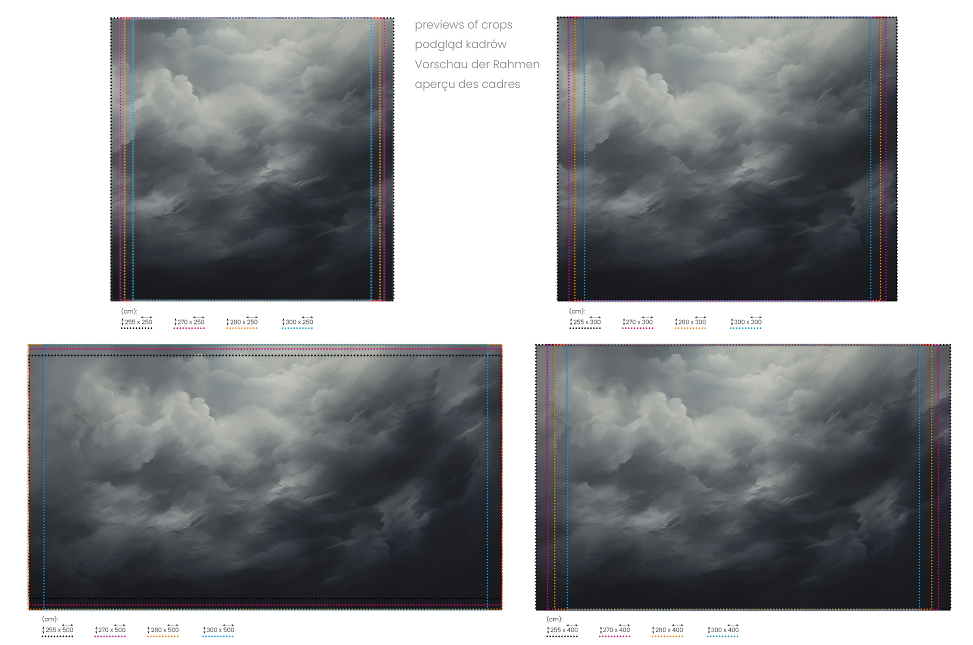 Na obrazie znajduje się prezentacja przykładowych rozmiarów fototapety o nazwie Serene Monochrome. Rozmiar fototapety jest dowolny.