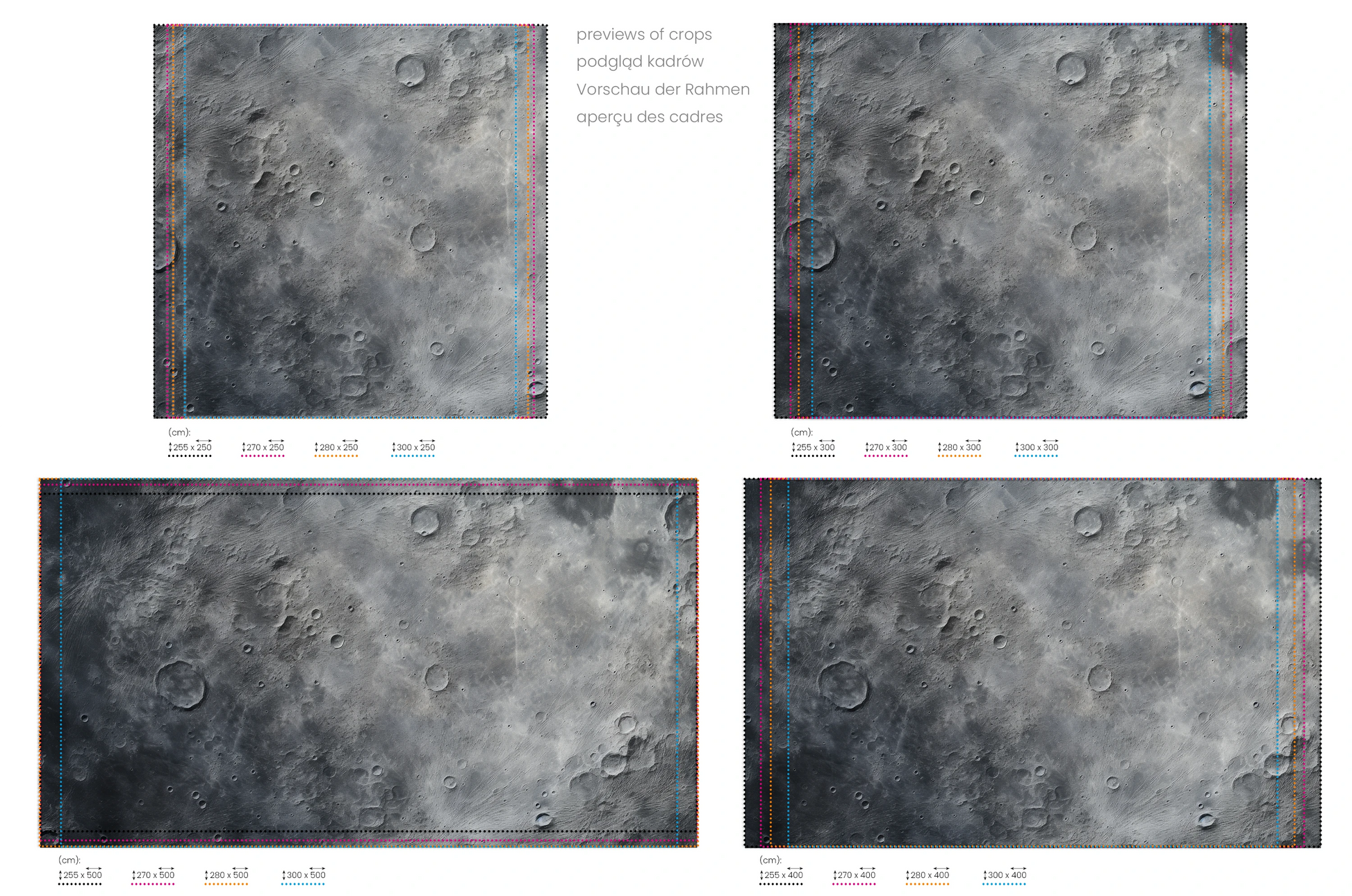 Na obrazie znajduje się prezentacja przykładowych rozmiarów fototapety o nazwie Cosmic Dawn. Rozmiar fototapety jest dowolny.