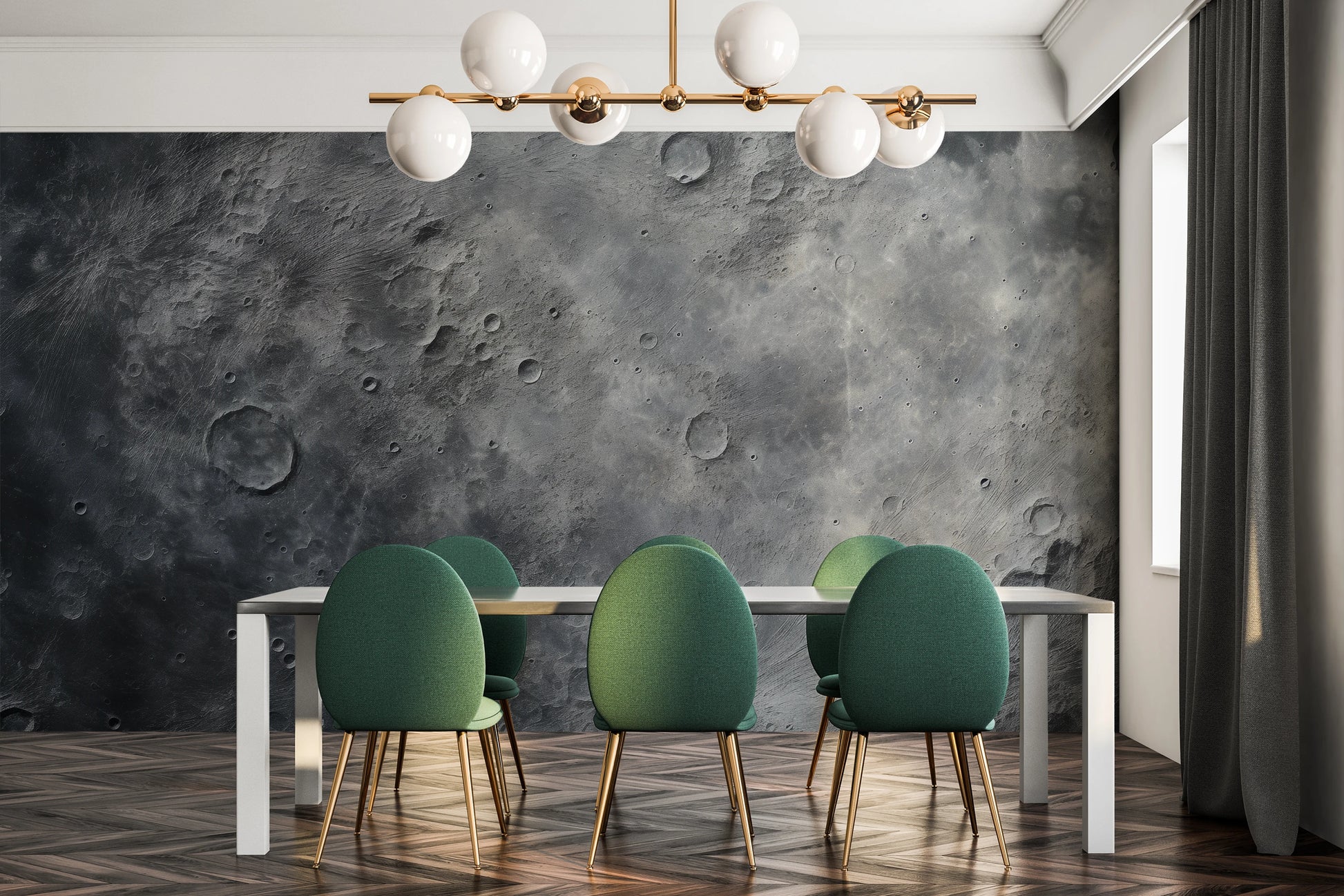 Wzór fototapety artystycznej o nazwie Cosmic Dawn pokazanej w aranżacji wnętrza.