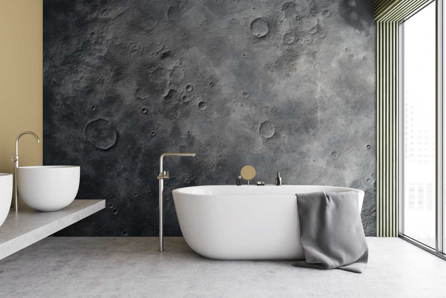 Wzór fototapety malowanej o nazwie Cosmic Dawn pokazanej w aranżacji wnętrza.