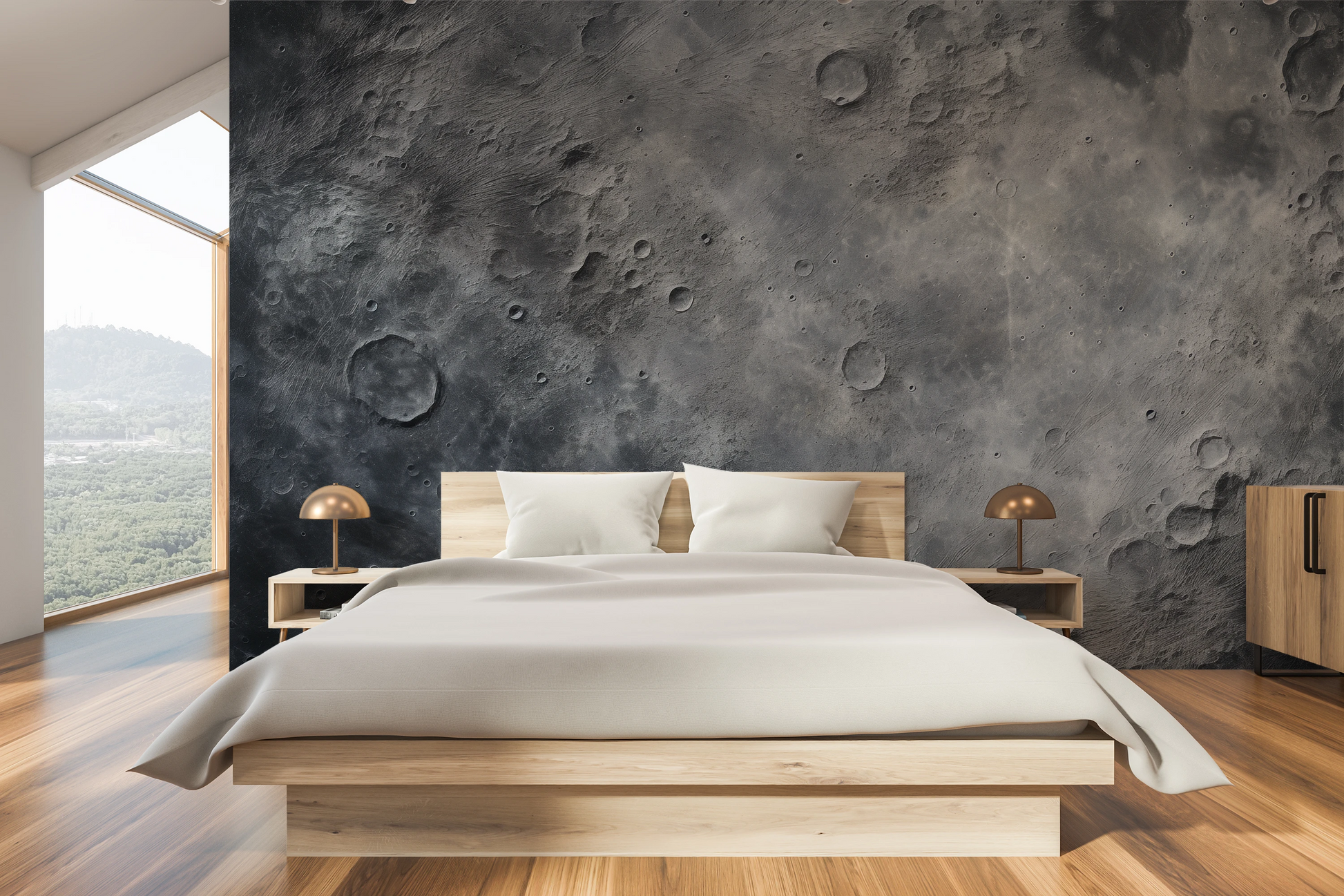 Zdjęcie prezentuje aranżację wnętrza z użyciem fototapety o nazwie Cosmic Dawn pokazanej w aranżacji wnętrza.