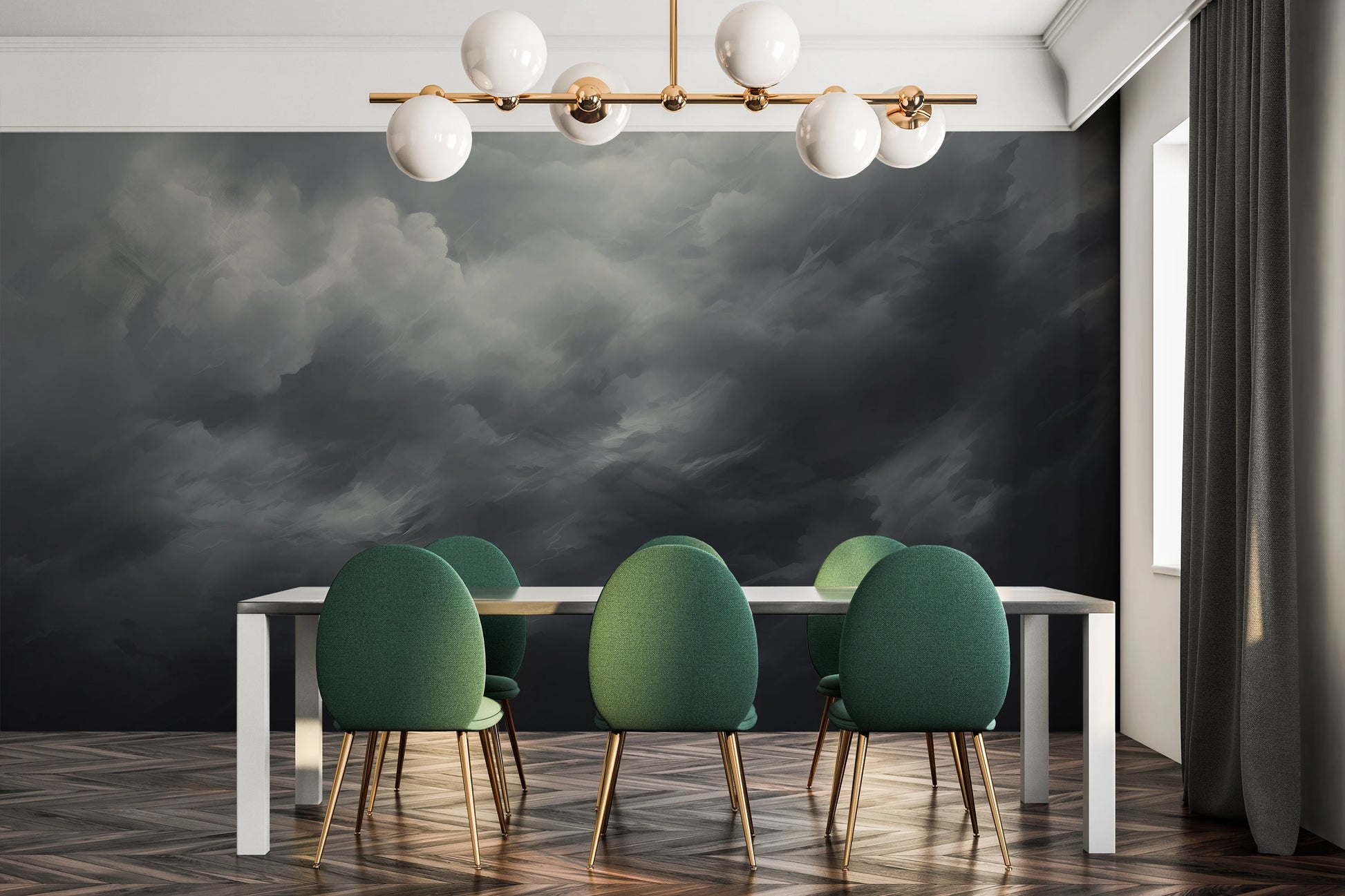 Zdjęcie prezentuje aranżację wnętrza z użyciem fototapety o nazwie Dynamic Swirls pokazanej w aranżacji wnętrza.