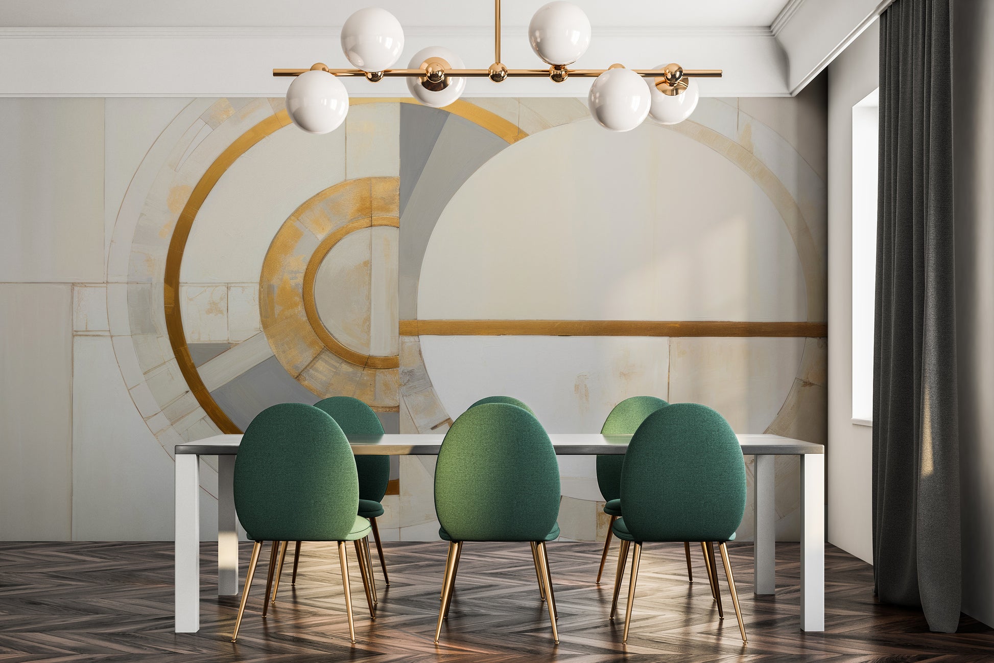 Wzór fototapety malowanej o nazwie GOLDEN SEGMENT SYMMETRY pokazanej w aranżacji wnętrza.