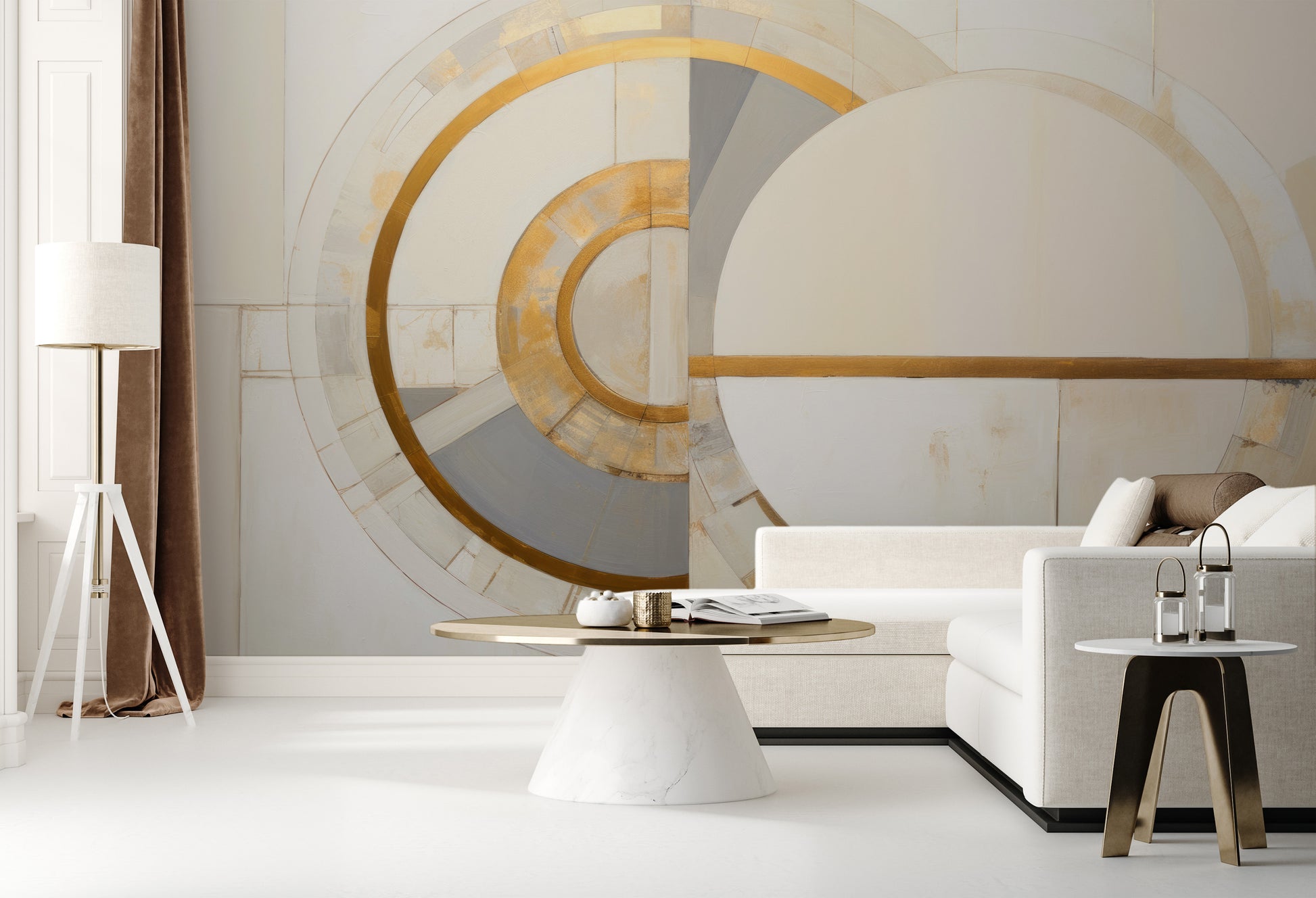 Wzór fototapety o nazwie GOLDEN SEGMENT SYMMETRY pokazanej w kontekście pomieszczenia.