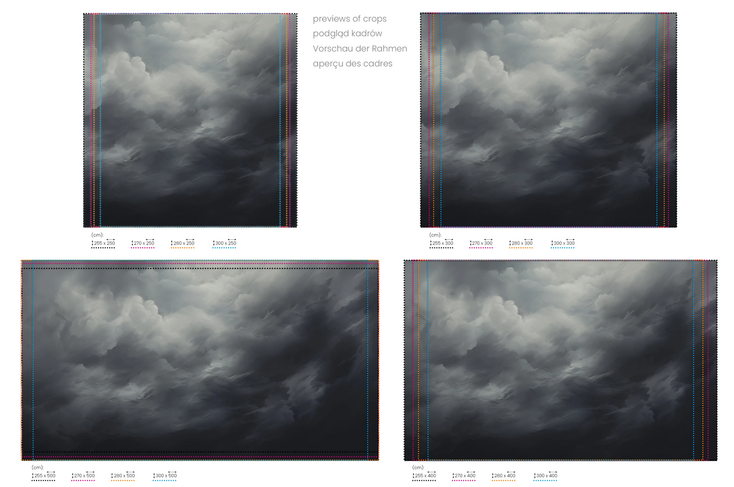 Na obrazie znajduje się prezentacja przykładowych rozmiarów fototapety o nazwie Dynamic Swirls. Rozmiar fototapety jest dowolny.