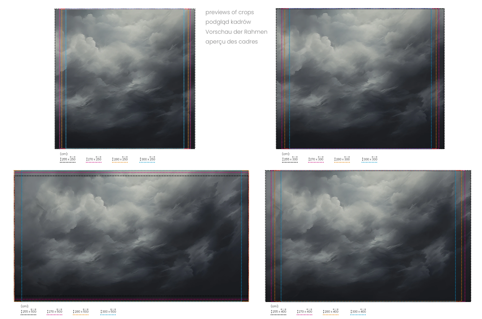 Na obrazie znajduje się prezentacja przykładowych rozmiarów fototapety o nazwie Dynamic Swirls. Rozmiar fototapety jest dowolny.