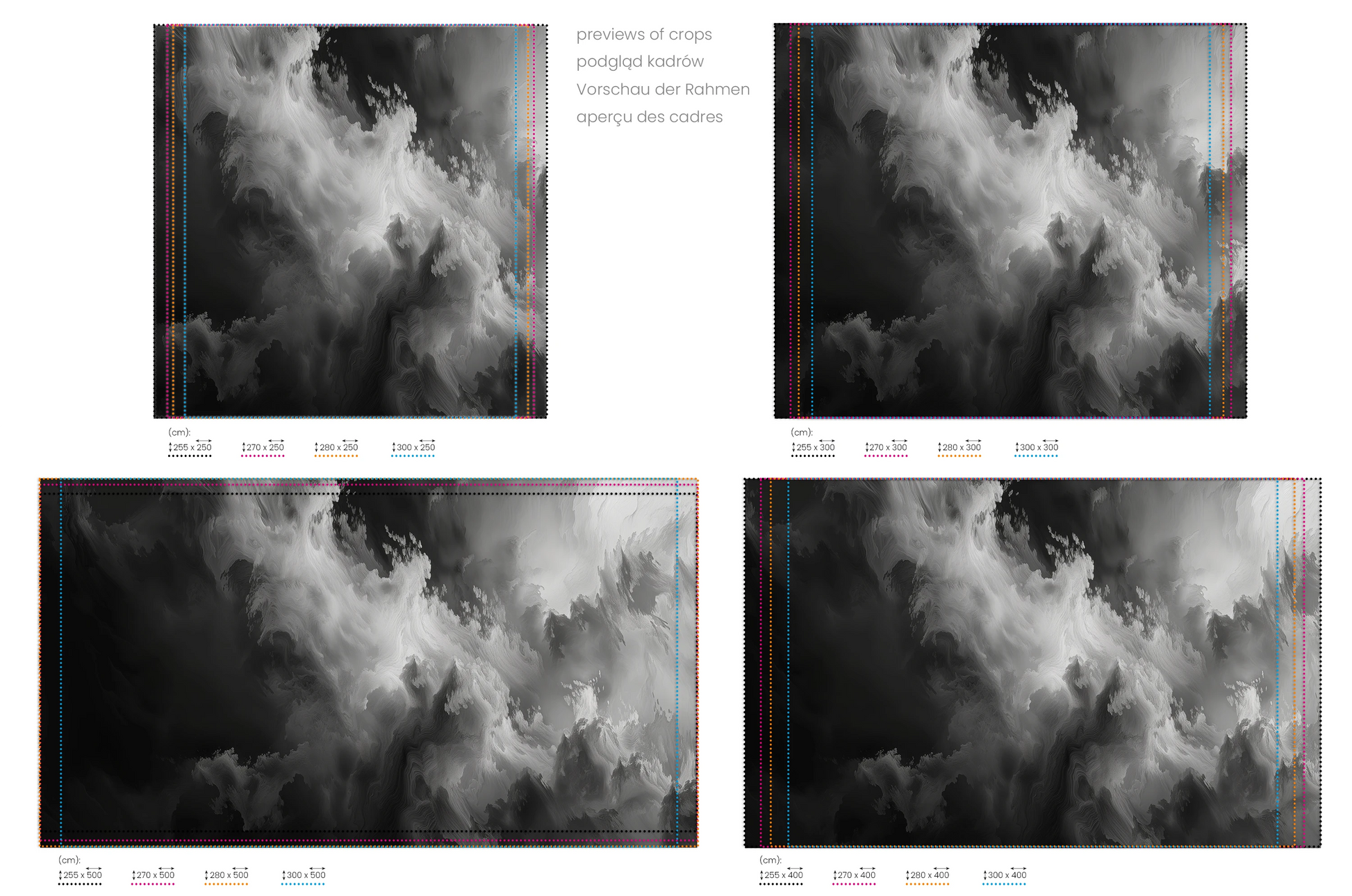 Na obrazie znajduje się prezentacja przykładowych rozmiarów fototapety o nazwie Abstract Storm. Rozmiar fototapety jest dowolny.