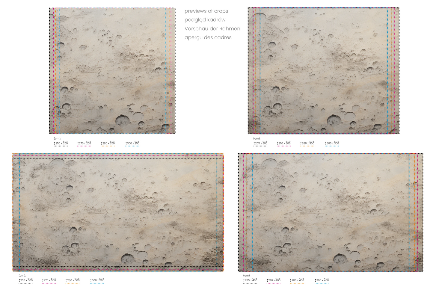 Na obrazie znajduje się prezentacja przykładowych rozmiarów fototapety o nazwie Beige Moon. Rozmiar fototapety jest dowolny.