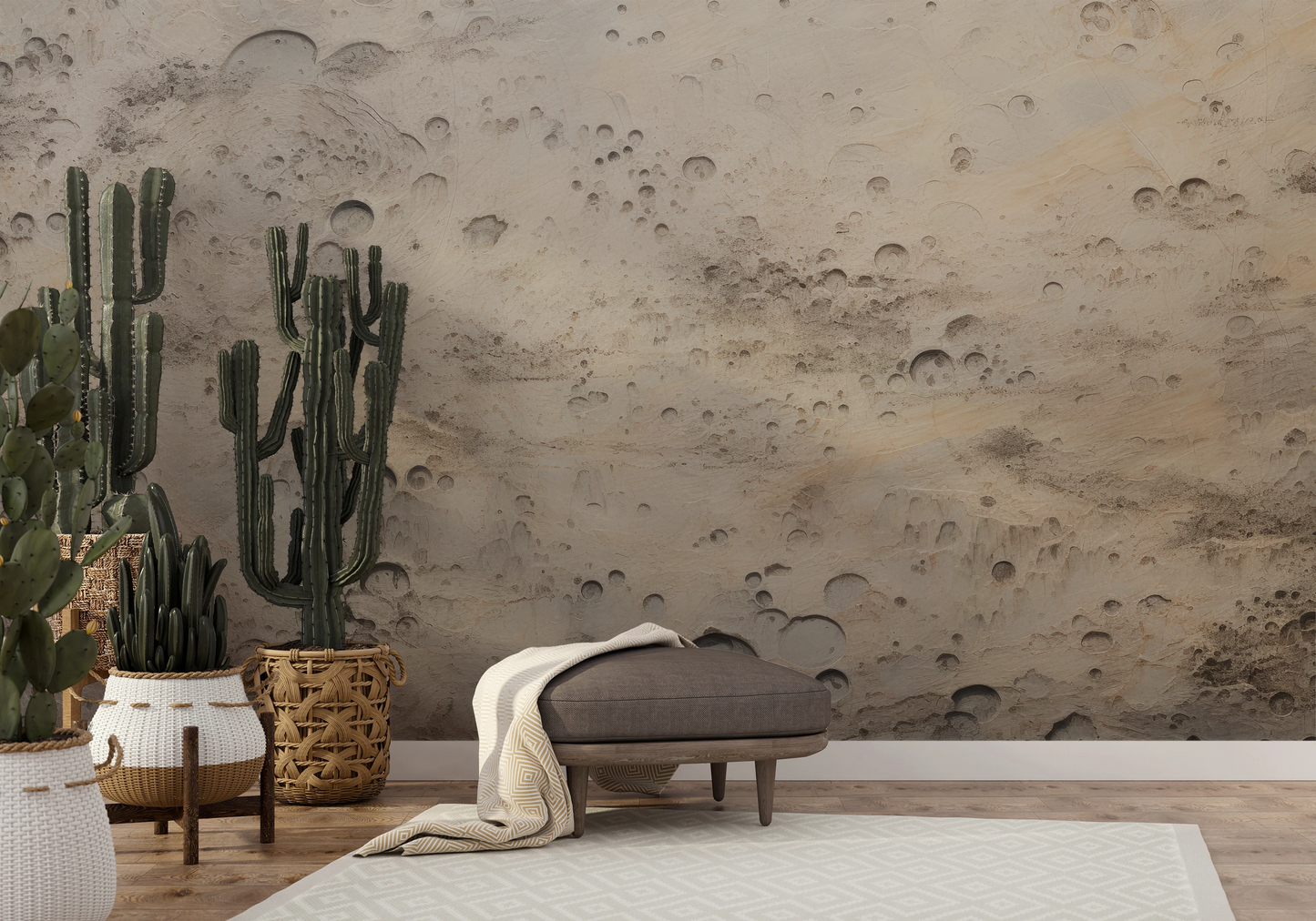 Wzór fototapety artystycznej o nazwie Beige Moon pokazanej w aranżacji wnętrza.