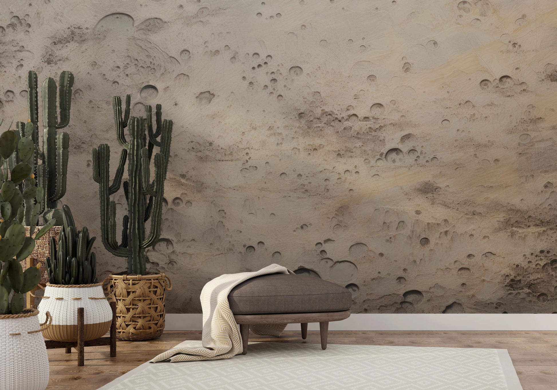 Wzór fototapety artystycznej o nazwie Beige Moon pokazanej w aranżacji wnętrza.