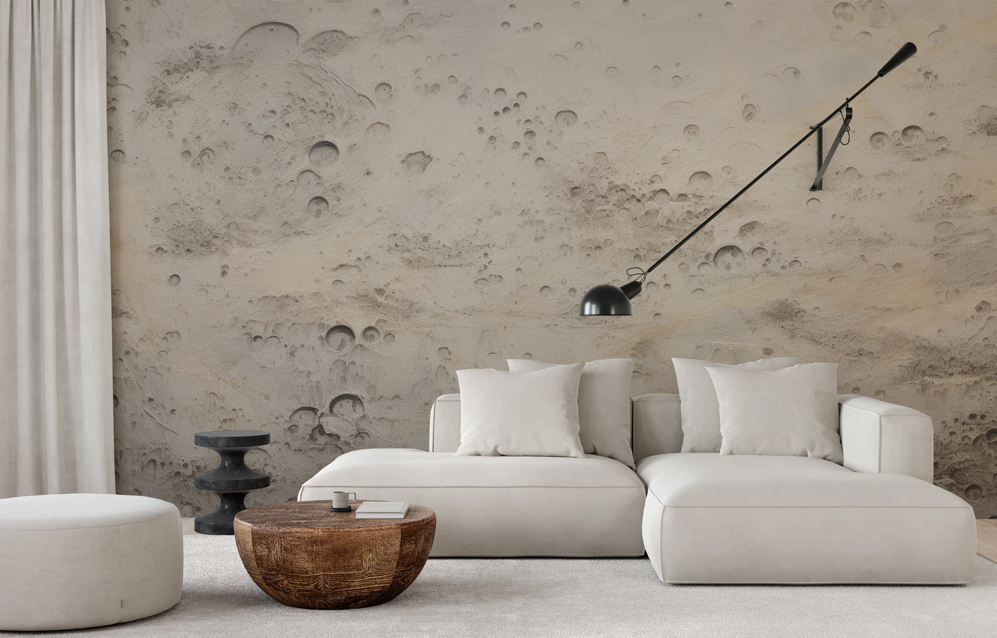 Wzór fototapety malowanej o nazwie Beige Moon pokazanej w aranżacji wnętrza.