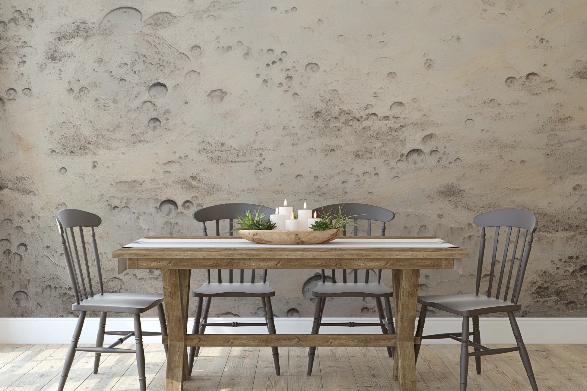 Zdjęcie prezentuje aranżację wnętrza z użyciem fototapety o nazwie Beige Moon pokazanej w aranżacji wnętrza.