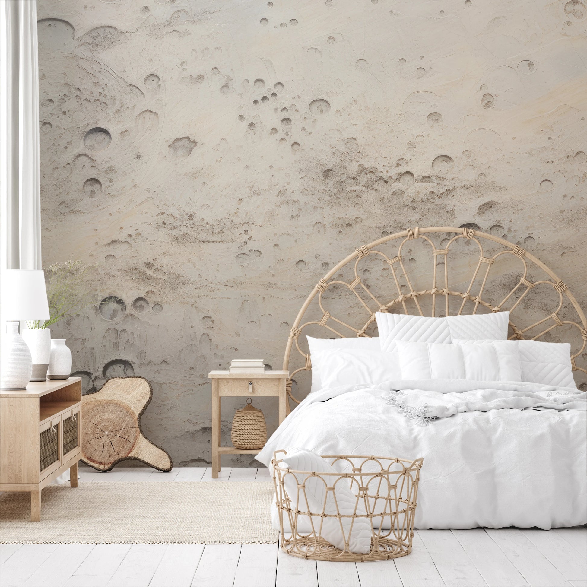Wzór fototapety artystycznej o nazwie Beige Moon pokazanej w aranżacji wnętrza.