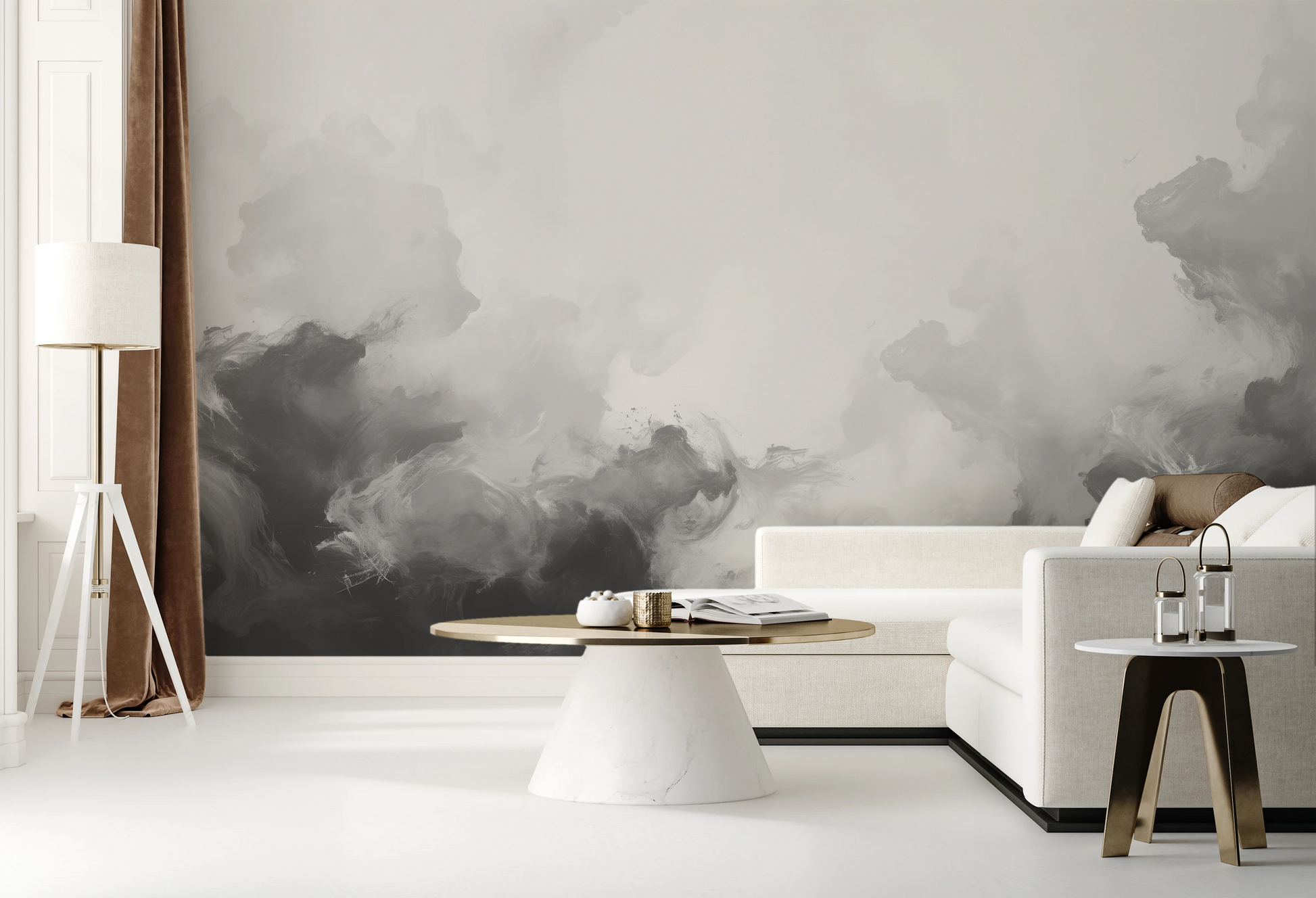 Wzór fototapety malowanej o nazwie Muted Turmoil pokazanej w aranżacji wnętrza.