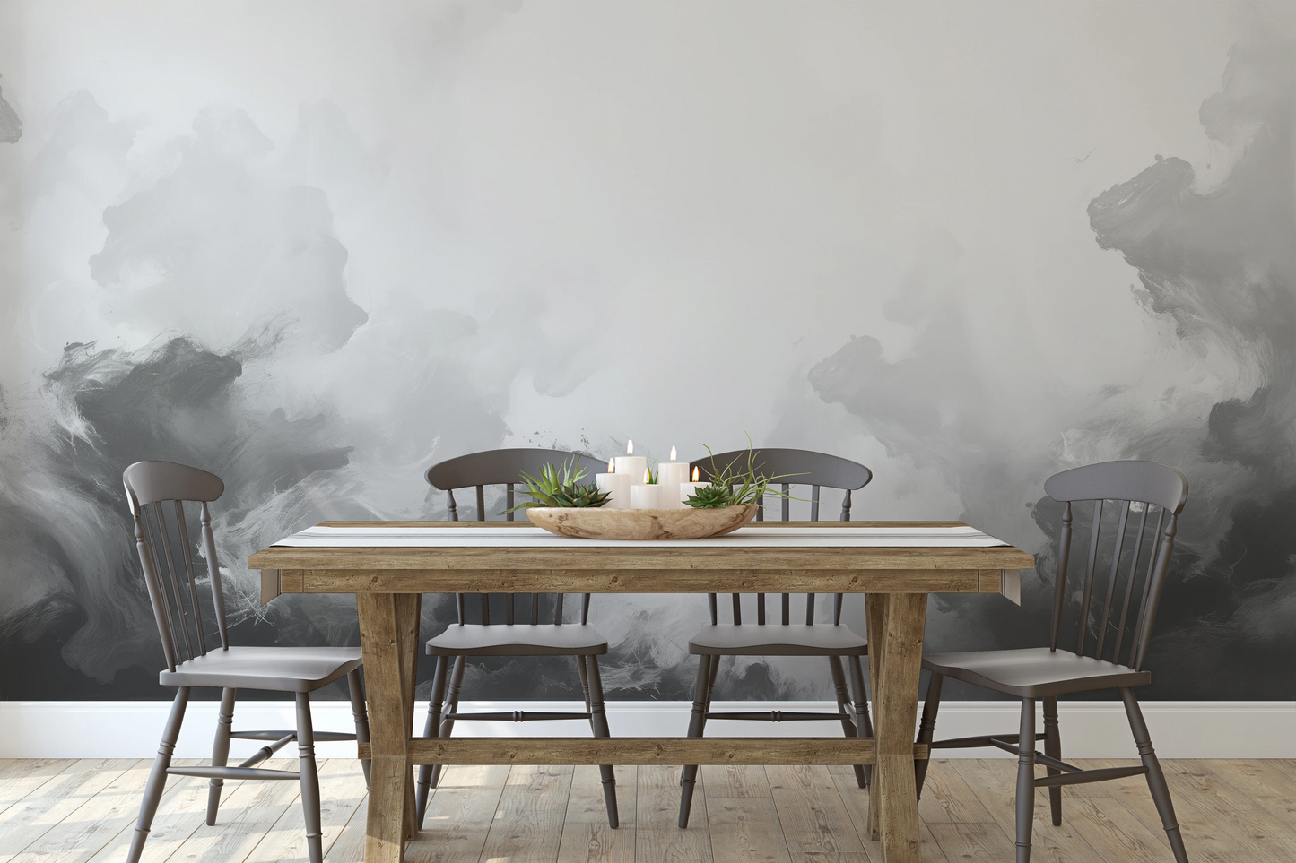 Wzór fototapety artystycznej o nazwie Muted Turmoil pokazanej w aranżacji wnętrza.