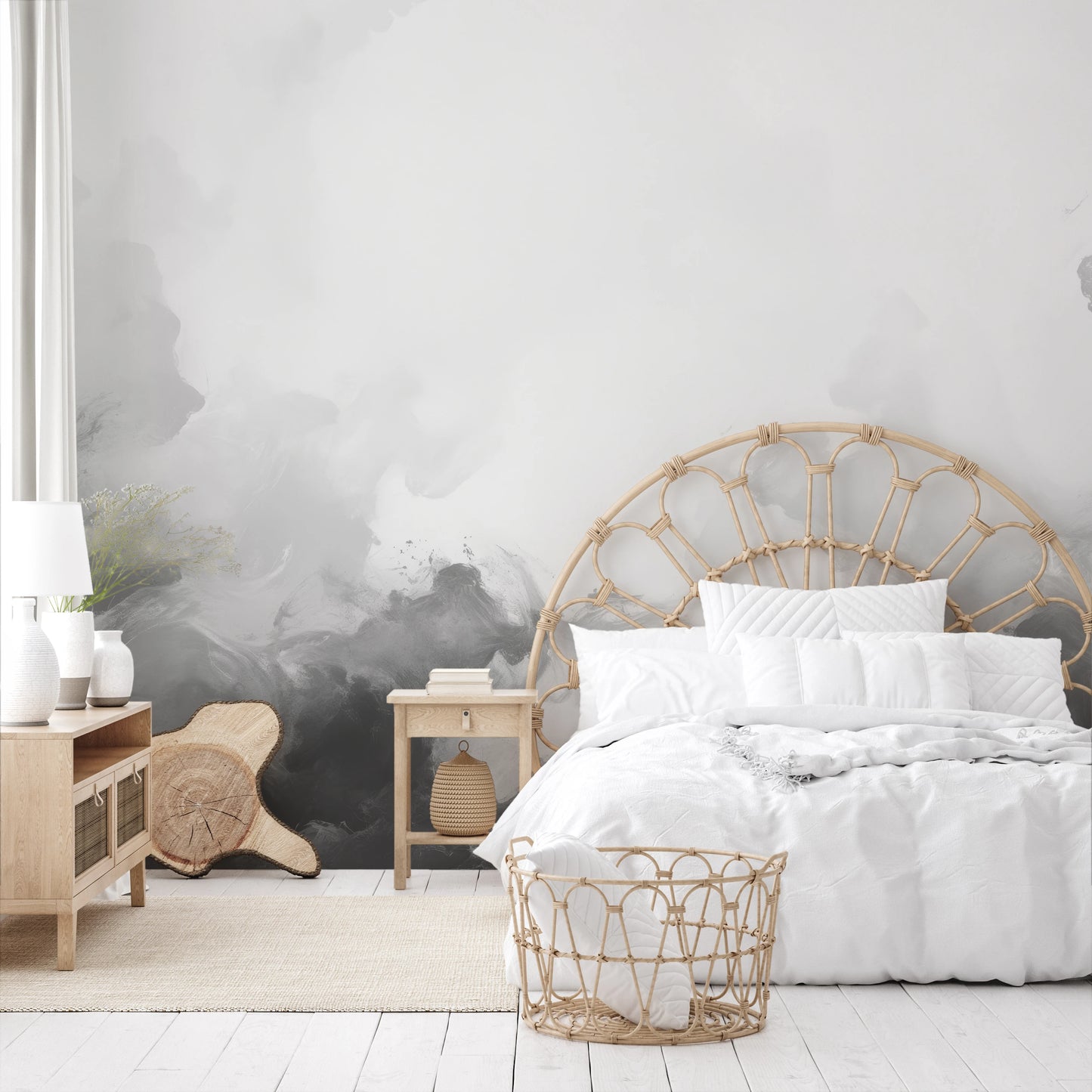 Zdjęcie prezentuje aranżację wnętrza z użyciem fototapety o nazwie Muted Turmoil pokazanej w aranżacji wnętrza.