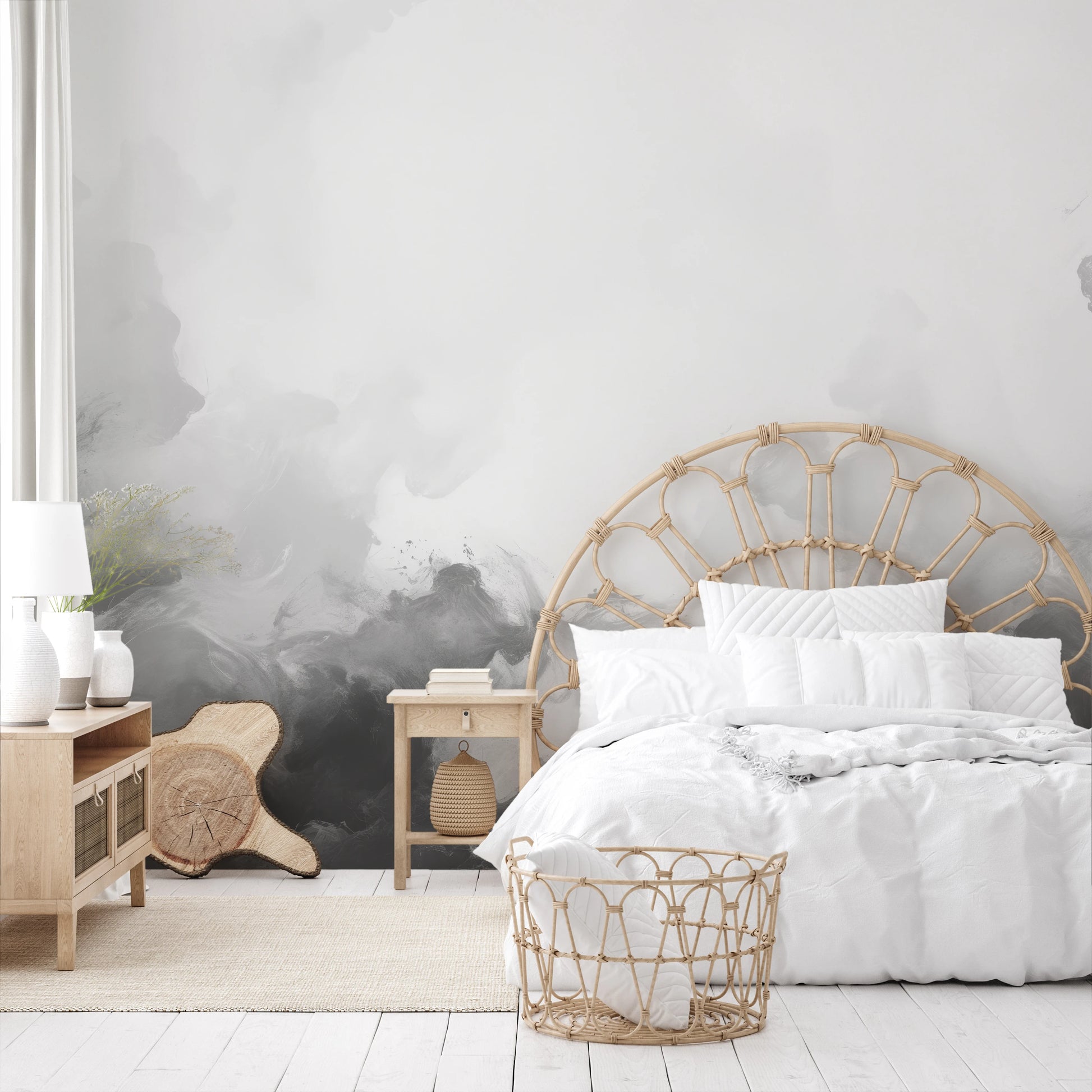 Zdjęcie prezentuje aranżację wnętrza z użyciem fototapety o nazwie Muted Turmoil pokazanej w aranżacji wnętrza.