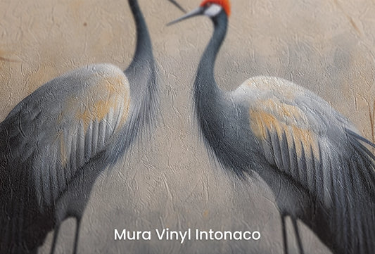 Zbliżenie na artystyczną fototapetę o nazwie Crimson Serenade na podłożu Mura Vinyl Intonaco - struktura tartego tynku.