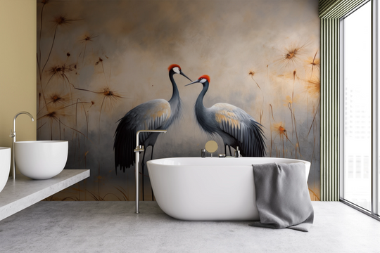 Wzór fototapety artystycznej o nazwie Crimson Serenade pokazanej w aranżacji wnętrza.