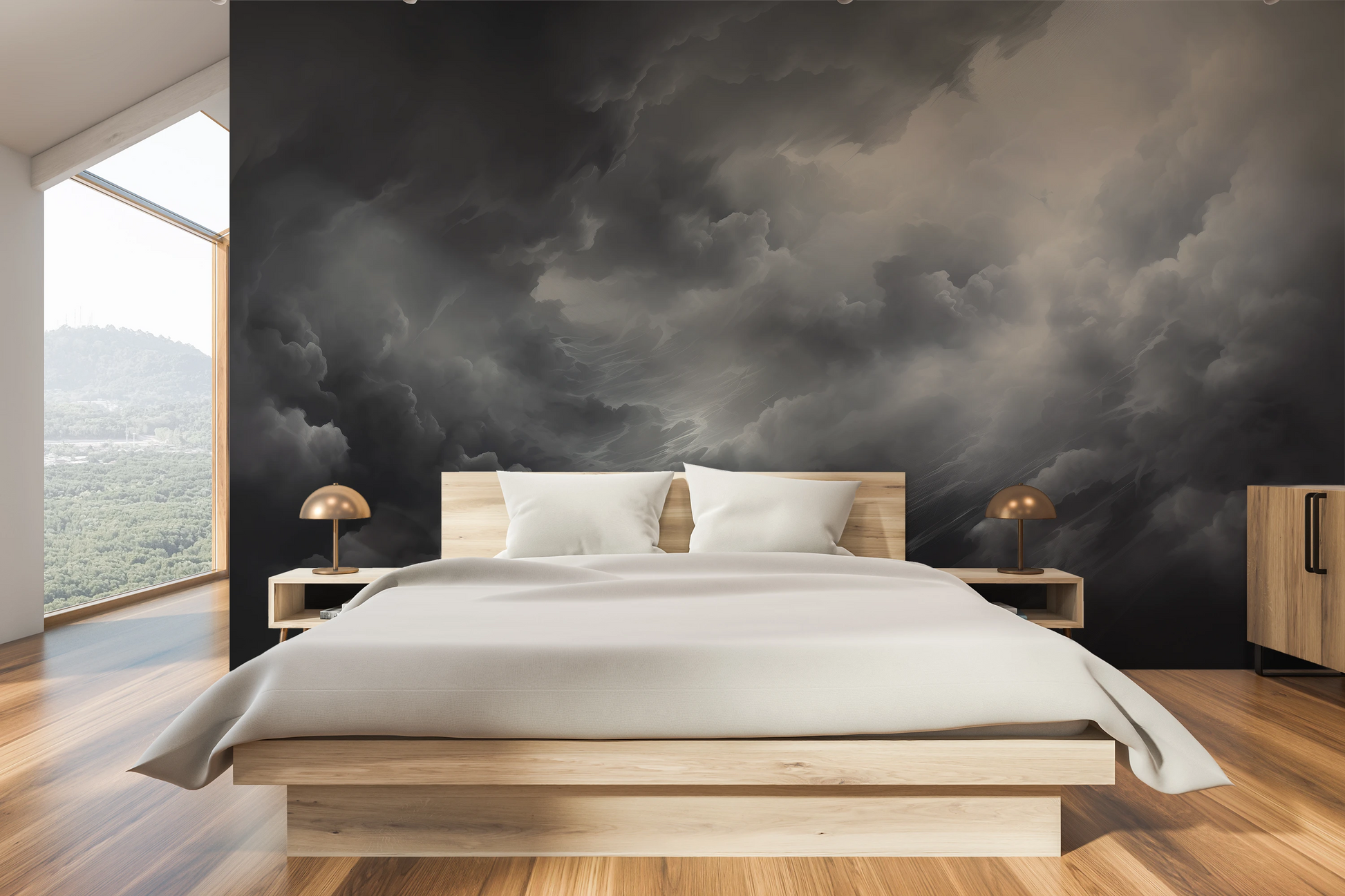 Wzór fototapety malowanej o nazwie Storm's Crescendo pokazanej w aranżacji wnętrza.