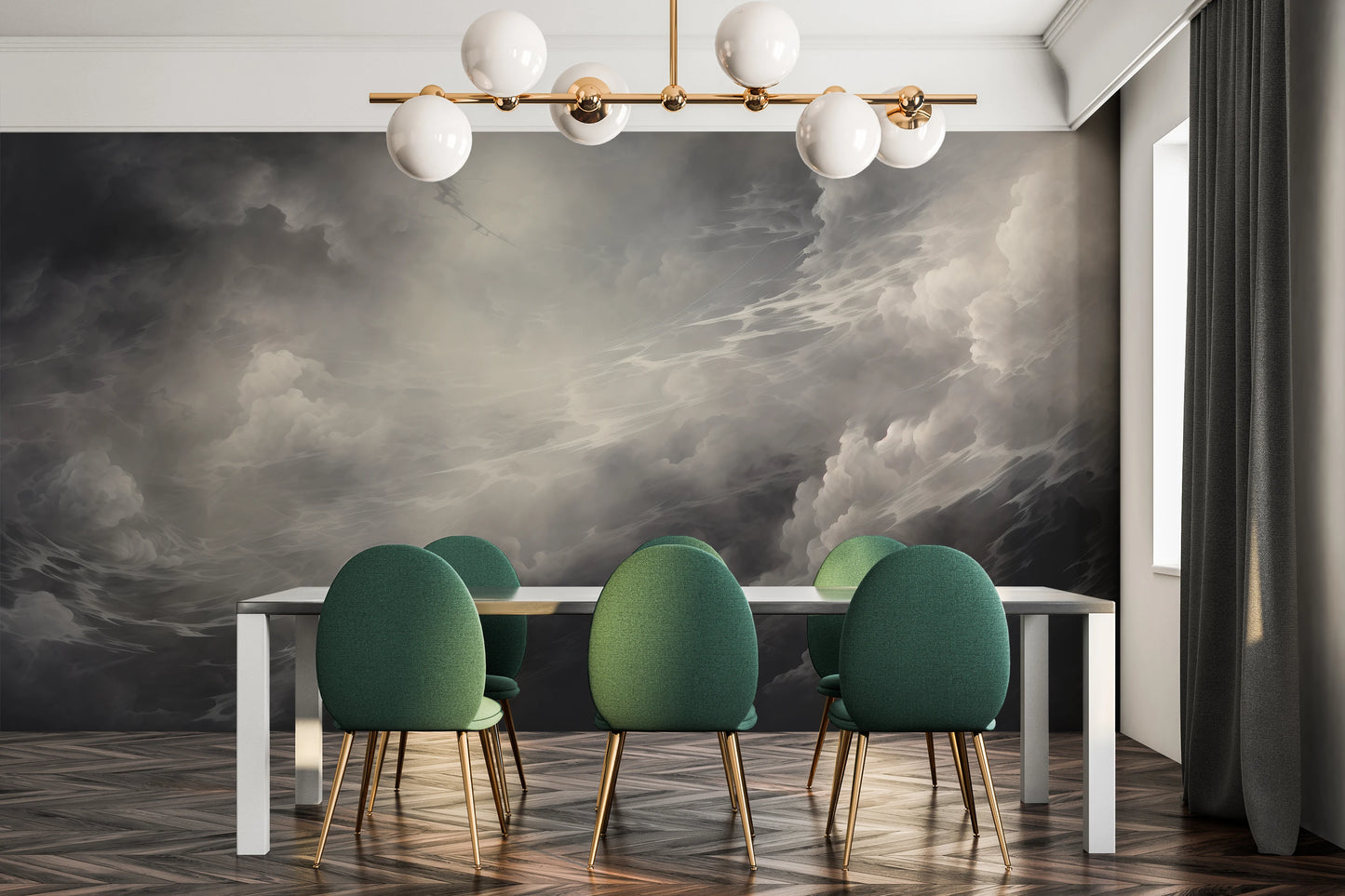 Wzór fototapety malowanej o nazwie Silver Lining Drama pokazanej w aranżacji wnętrza.