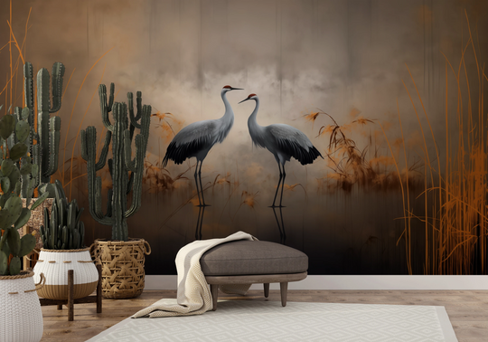 Wzór fototapety artystycznej o nazwie Misty Silhouettes pokazanej w aranżacji wnętrza.