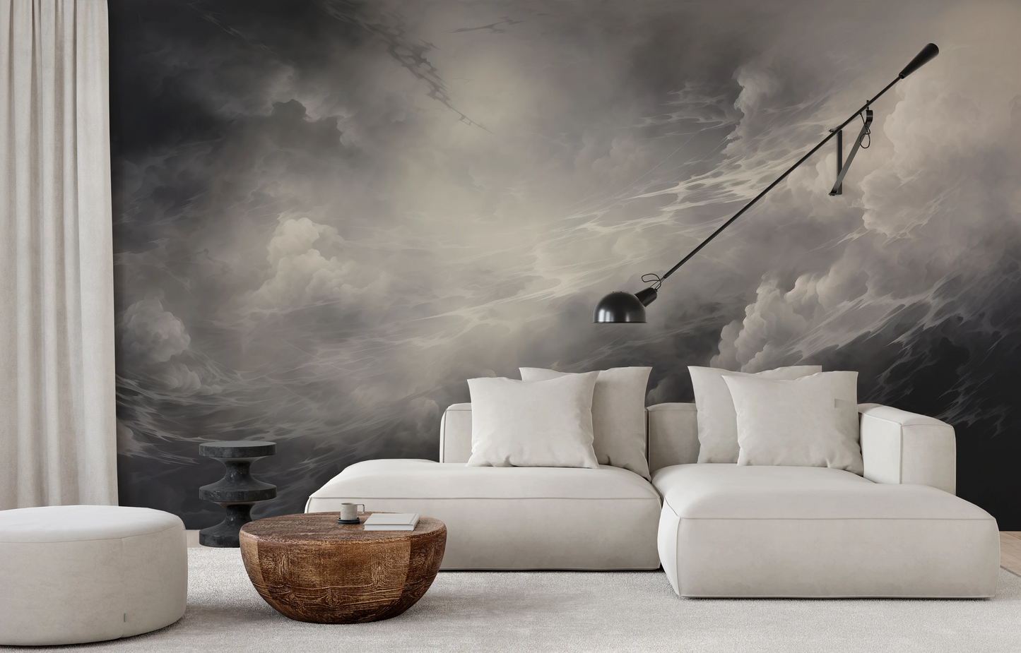 Zdjęcie prezentuje aranżację wnętrza z użyciem fototapety o nazwie Silver Lining Drama pokazanej w aranżacji wnętrza.