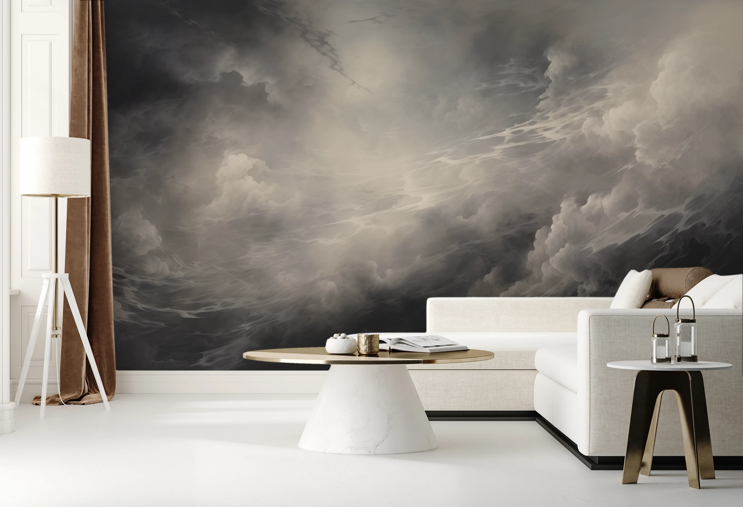 Wzór fototapety artystycznej o nazwie Silver Lining Drama pokazanej w aranżacji wnętrza.